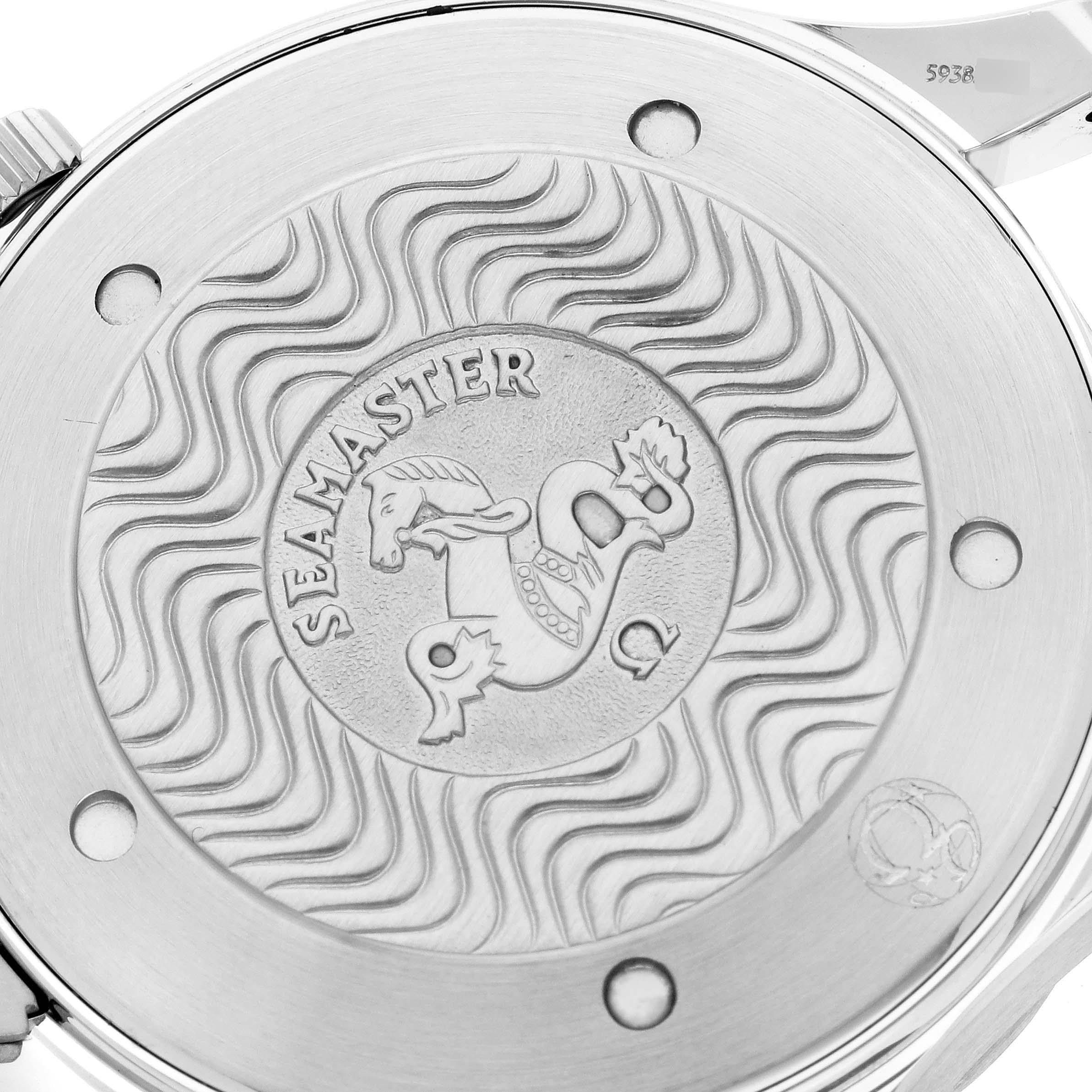 The image shows the case back of an Omega Seamaster 2541.80.00 Men's Stainless Steel Blue Dial 2541.80.00 Men's Stainless Steel Blue Dial watch with intricate engravings and the Seamaster logo.