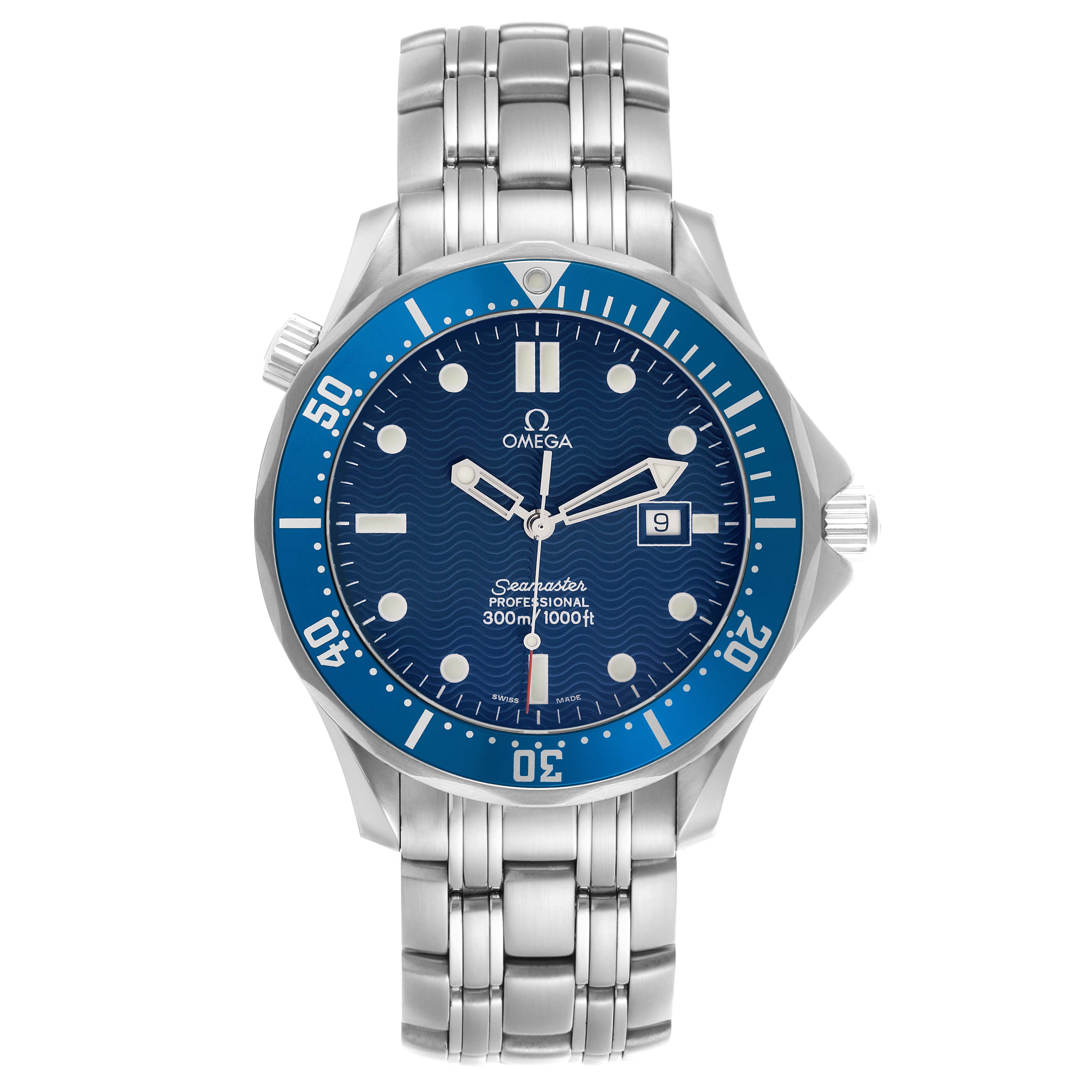 The Omega Seamaster 2541.80.00 Men's Stainless Steel Blue Dial 2541.80.00 Men's Stainless Steel Blue Dial watch is shown from the front, highlighting the bezel, dial, bracelet, and crown.
