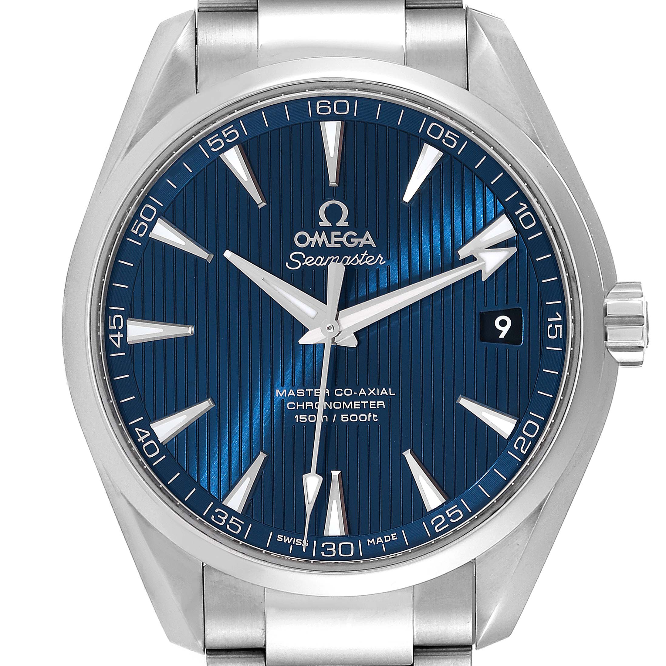 This is a front-facing view of the Omega Aqua Terra 231.10.42.21.03.003 Men
s Stainless Steel Blue Dial 231.10.42.21.03.003 Men
s Stainless Steel Blue Dial watch, showcasing its blue dial, stainless steel case, and bracelet.