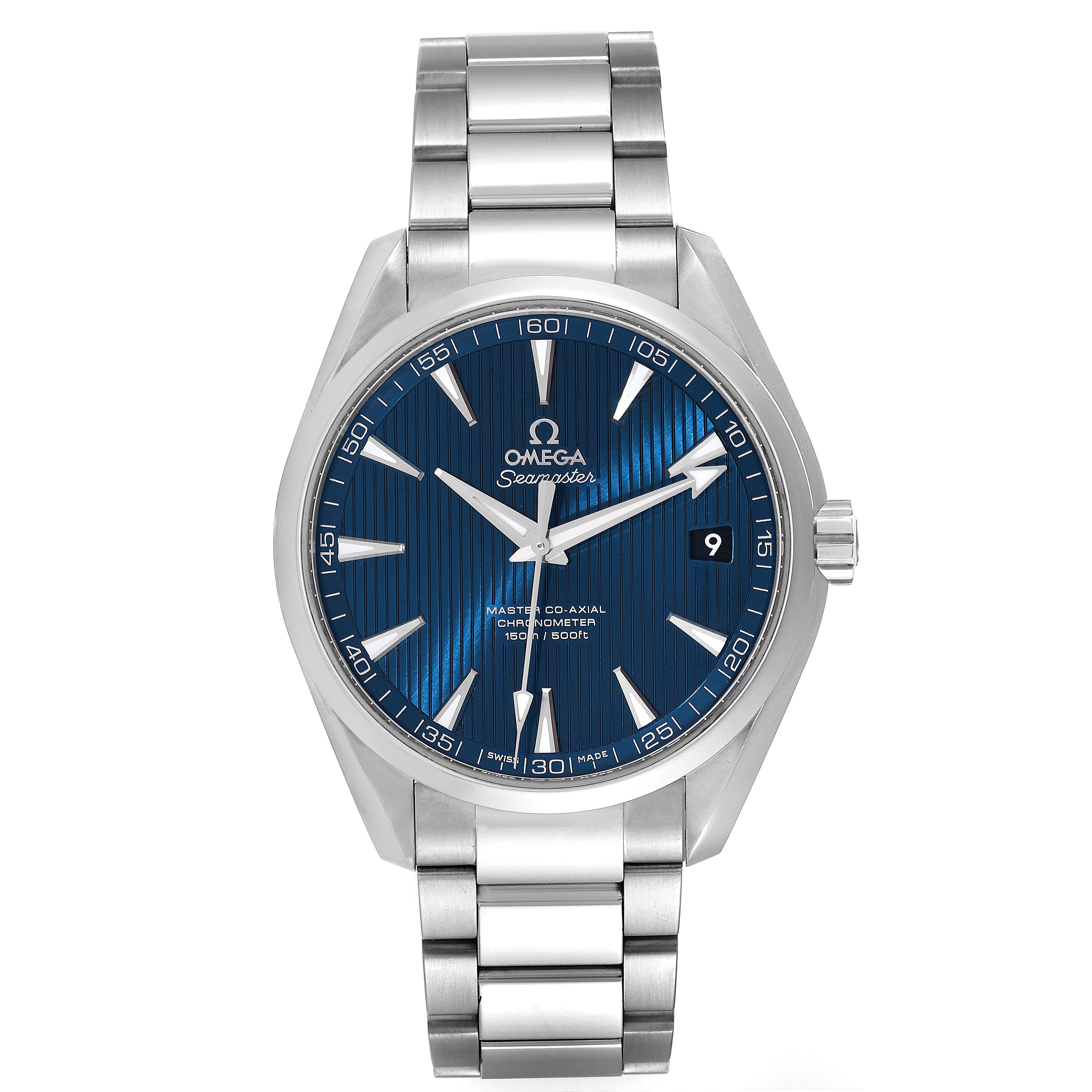 The Omega Seamaster Aqua Terra watch is shown from the front, displaying its blue dial and stainless steel bracelet.