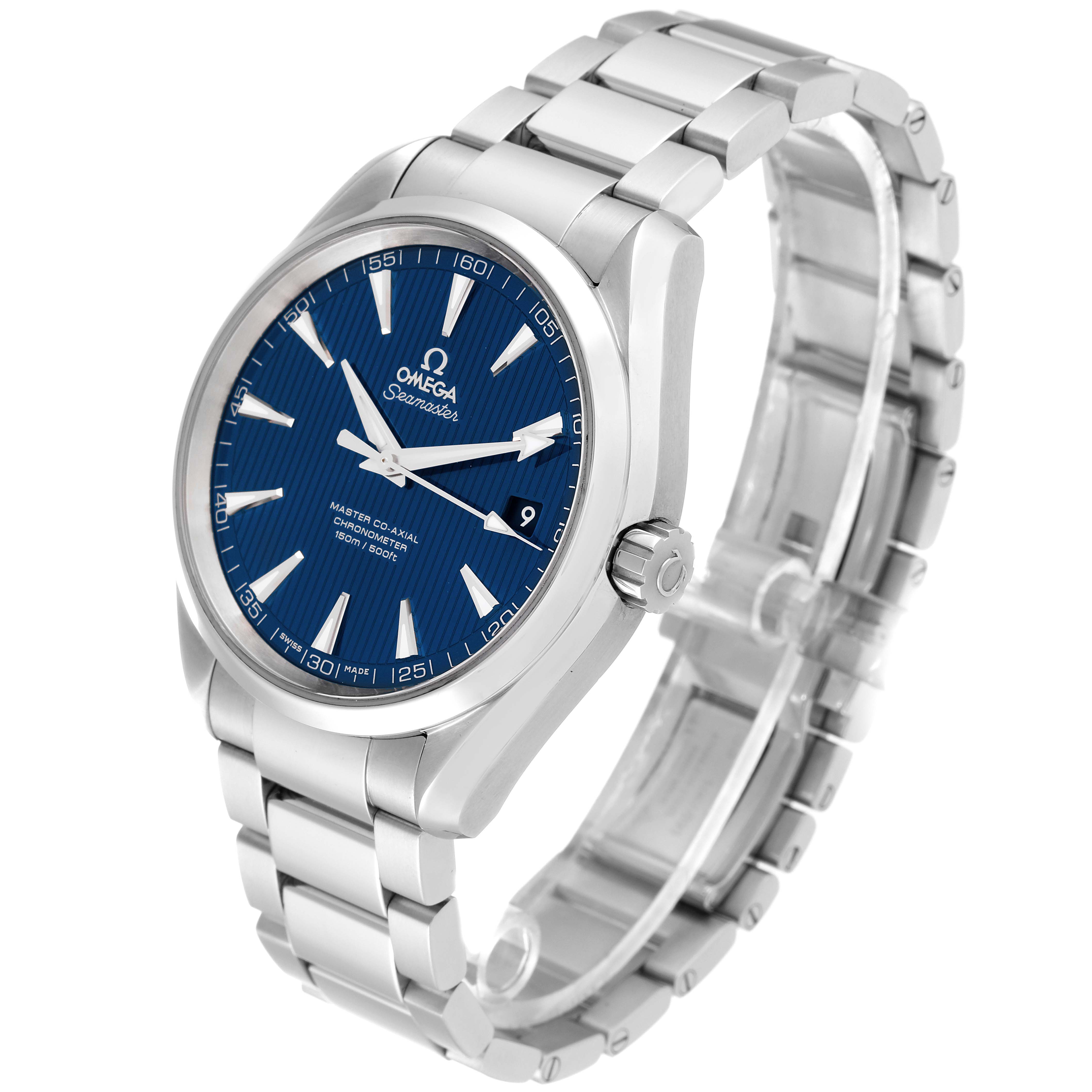 The image shows a three-quarter angle view of an Omega Aqua Terra 231.10.42.21.03.003 Men
s Stainless Steel Blue Dial 231.10.42.21.03.003 Men
s Stainless Steel Blue Dial watch highlighting the face, bezel, crown, and metal bracelet.