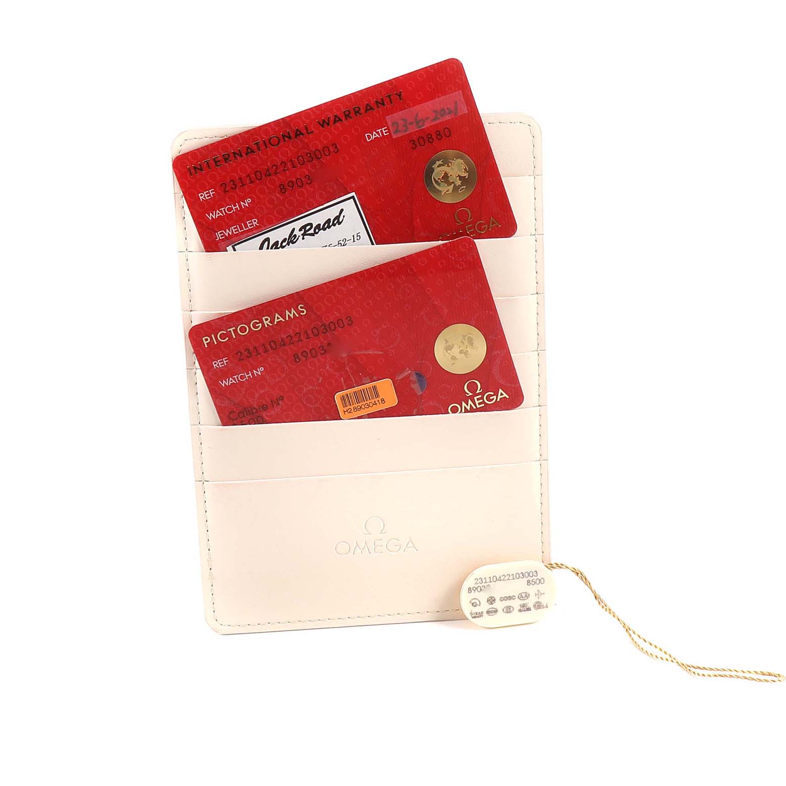 The image shows the warranty and pictogram cards for the Omega Aqua Terra 231.10.42.21.03.003 Men
s Stainless Steel Blue Dial 231.10.42.21.03.003 Men
s Stainless Steel Blue Dial model, along with a branded cardholder and hang tag.