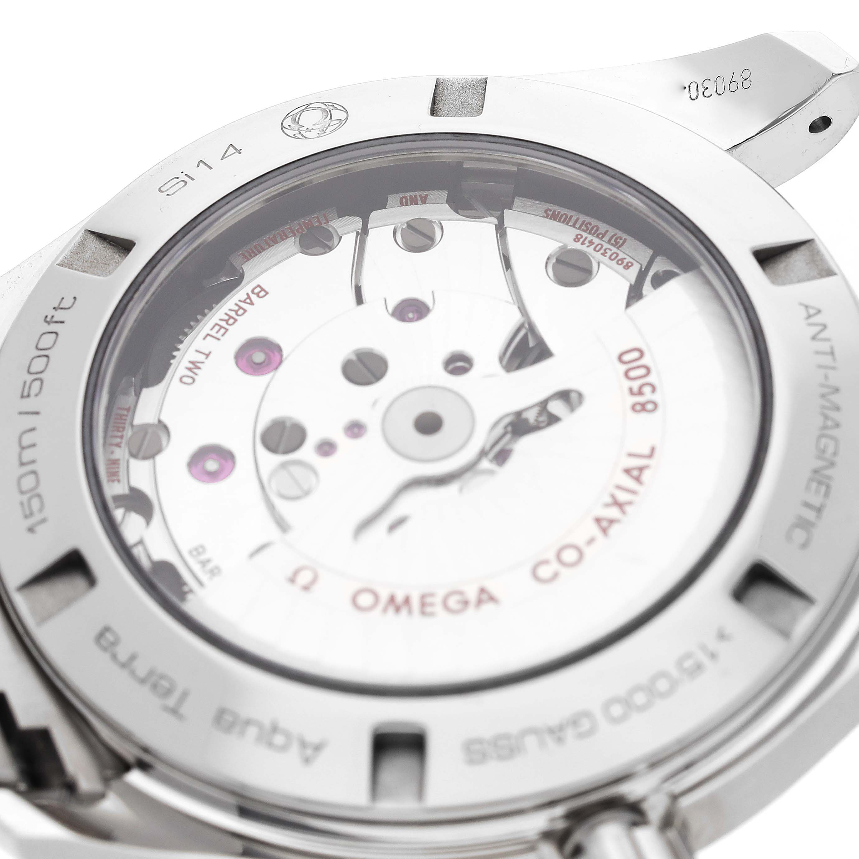 The image shows a close-up of an Omega Aqua Terra 231.10.42.21.03.003 Men
s Stainless Steel Blue Dial 231.10.42.21.03.003 Men
s Stainless Steel Blue Dial watch
s back, revealing the internal mechanism and engravings.