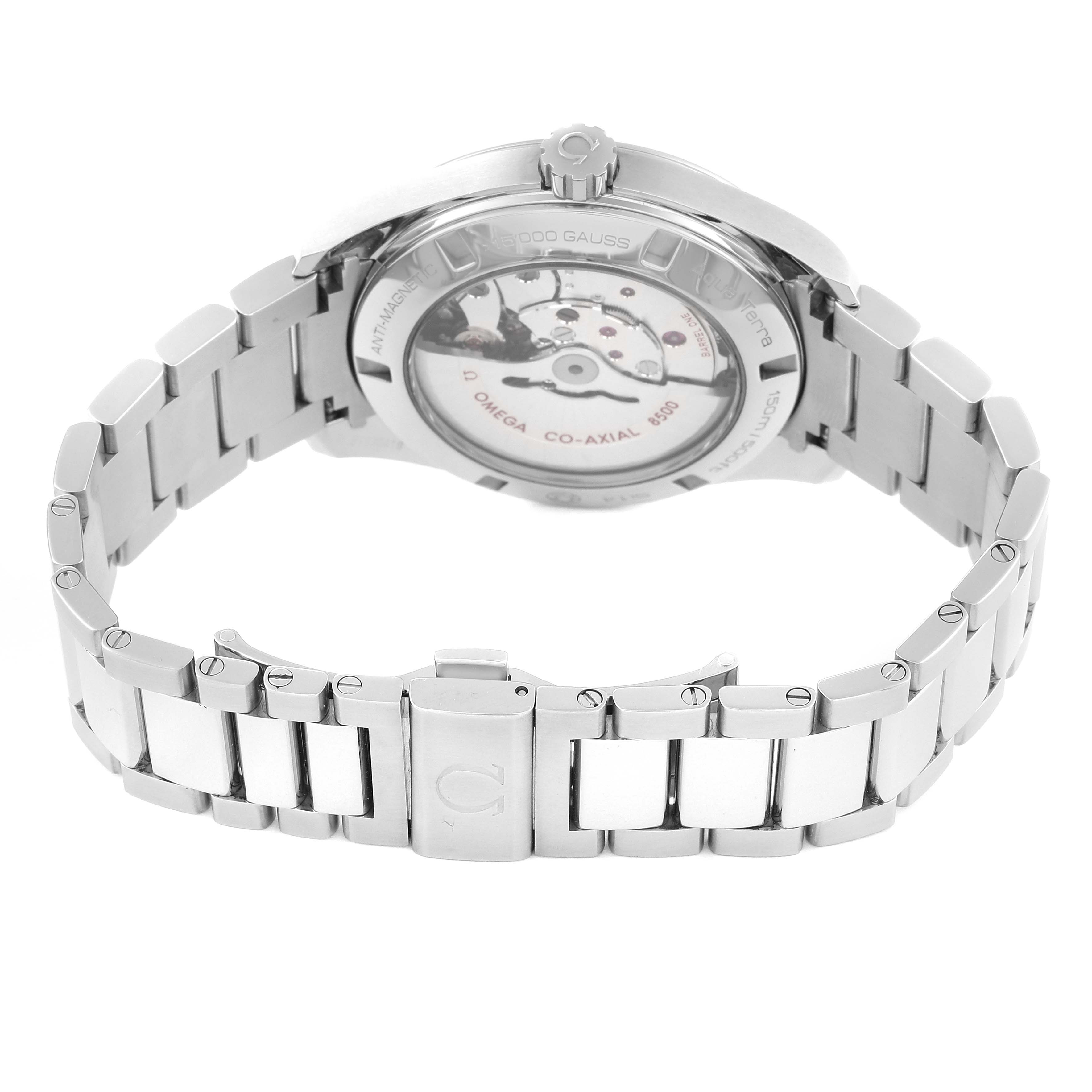 The image shows the back view of the Omega Aqua Terra 231.10.42.21.03.003 Men
s Stainless Steel Blue Dial 231.10.42.21.03.003 Men
s Stainless Steel Blue Dial watch, highlighting its case back and stainless steel bracelet.