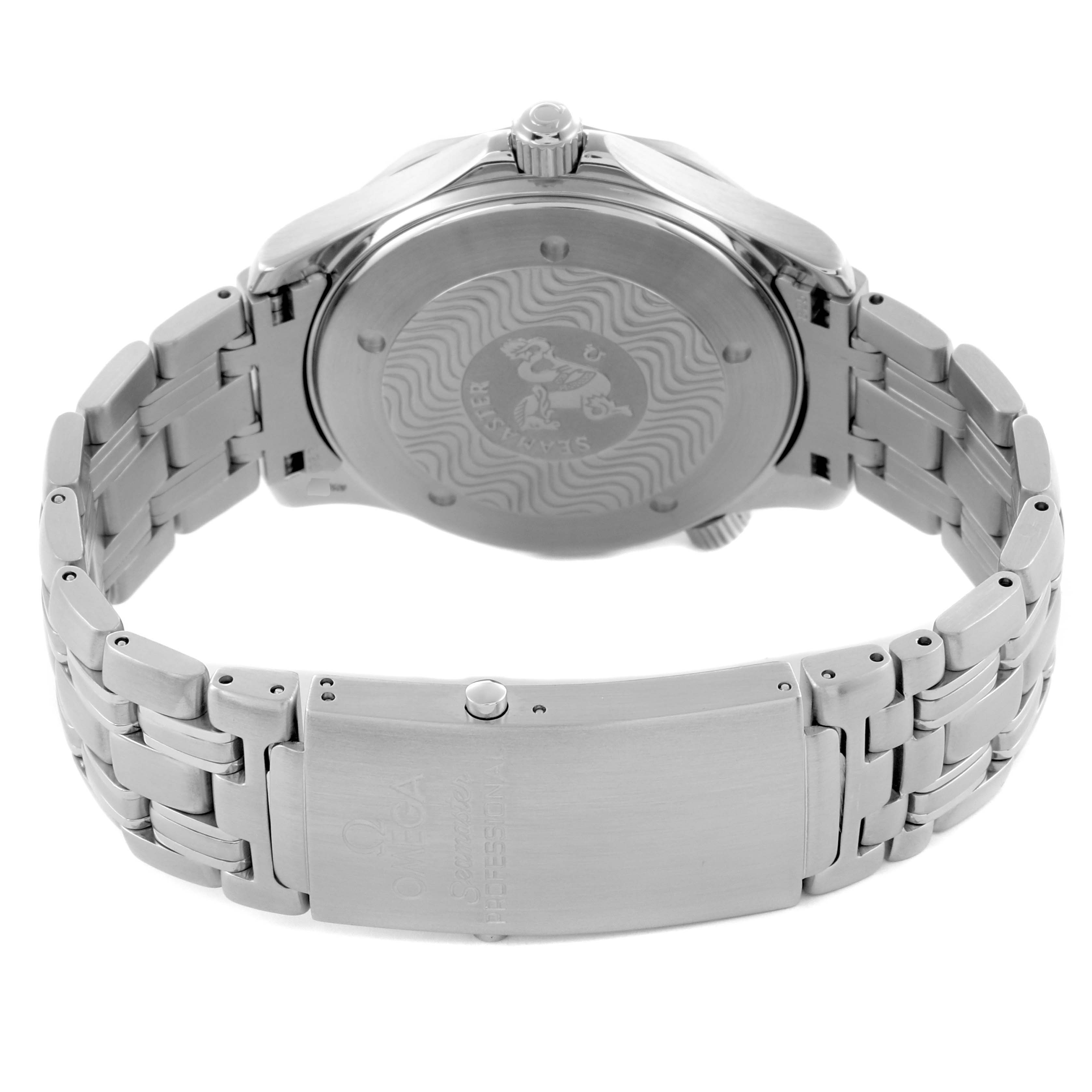 The image shows the back of an Omega Seamaster 2531.80.00 Men
s Stainless Steel Blue Dial 2531.80.00 Men
s Stainless Steel Blue Dial watch, highlighting the case back, crown, and bracelet with clasp.