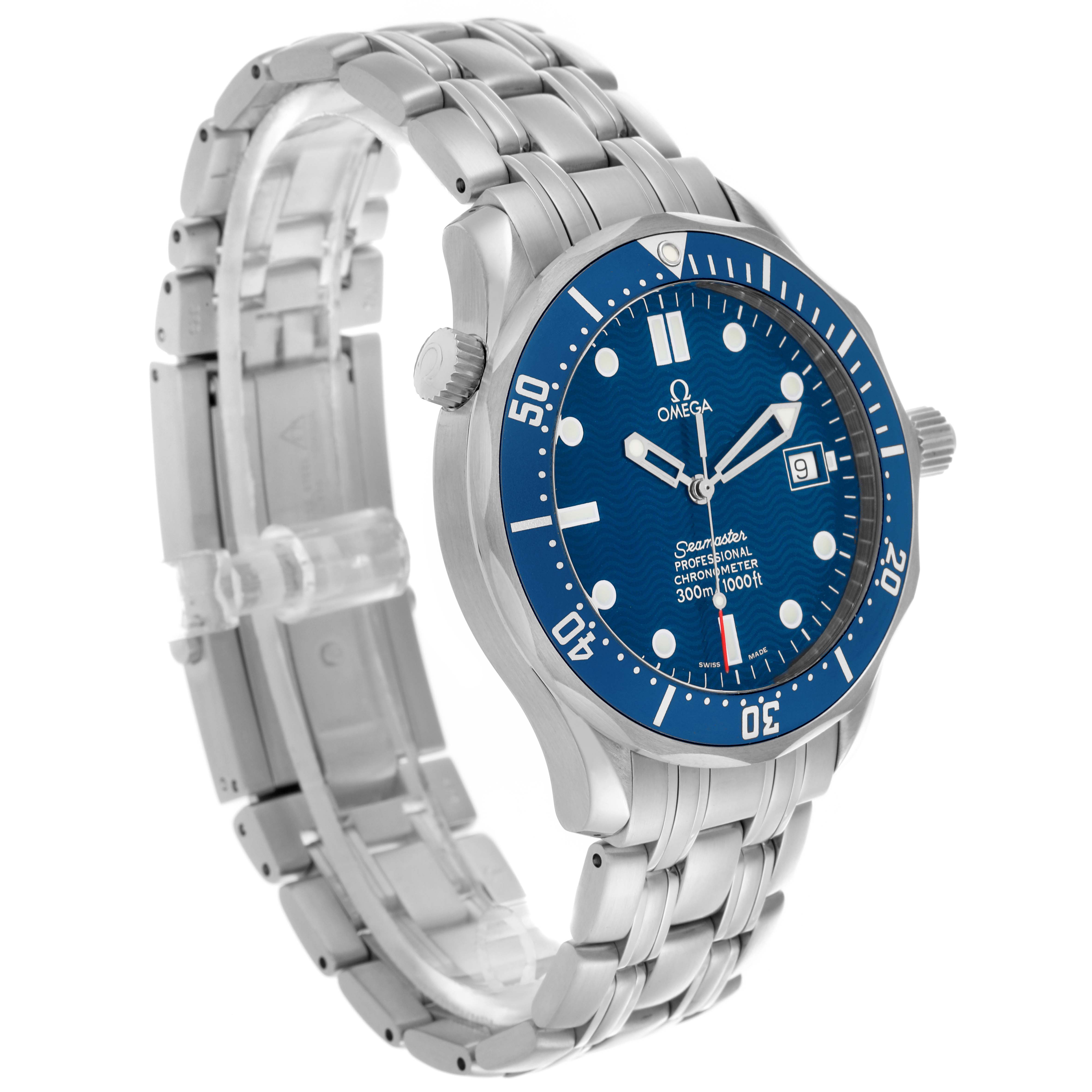 The Omega Seamaster 2531.80.00 Men
s Stainless Steel Blue Dial 2531.80.00 Men
s Stainless Steel Blue Dial watch is shown at a three-quarter angle, displaying the face, bezel, bracelet, and crown.