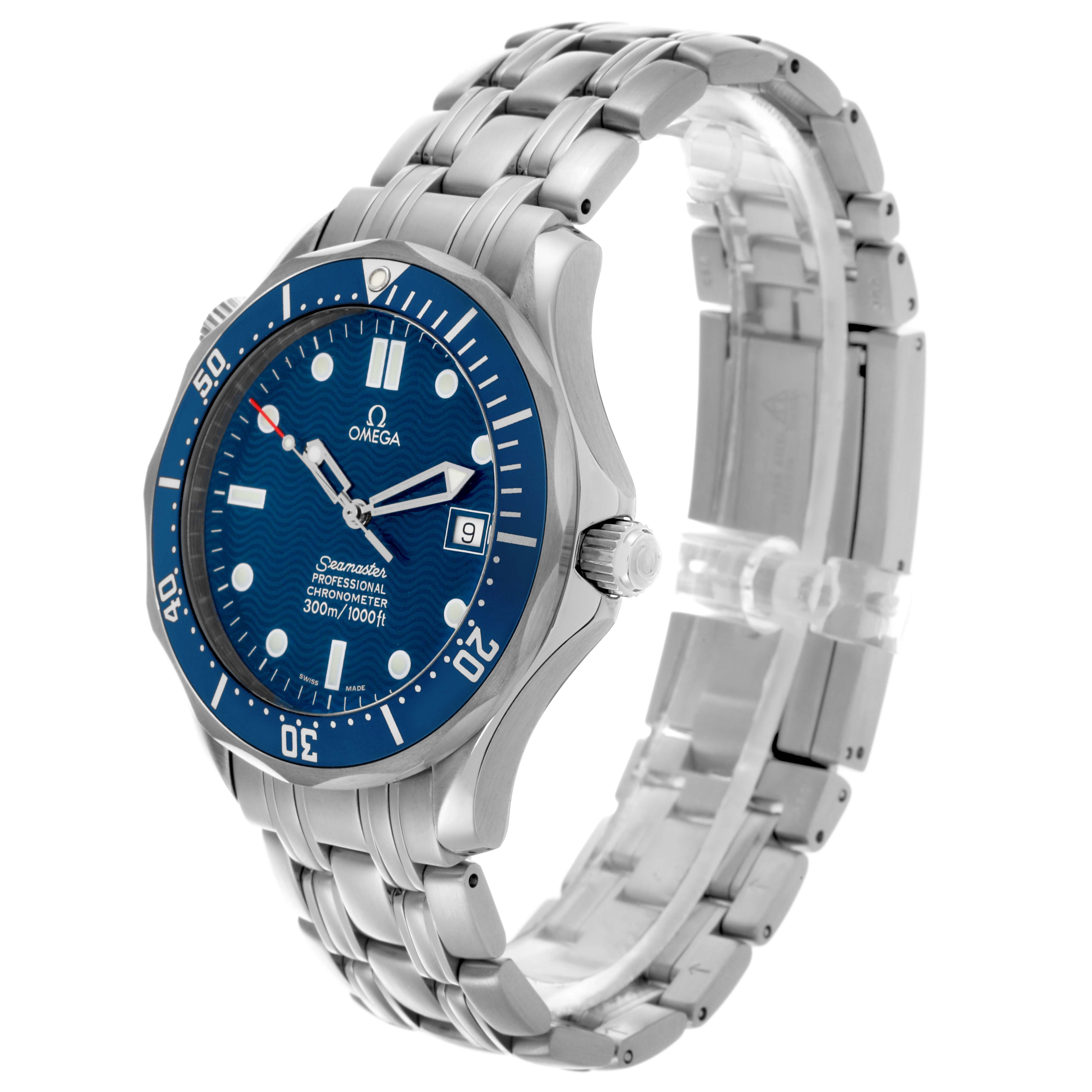 The Omega Seamaster 2531.80.00 Men
s Stainless Steel Blue Dial 2531.80.00 Men
s Stainless Steel Blue Dial watch is shown at a slight side angle, highlighting the dial, bezel, crown, and bracelet.