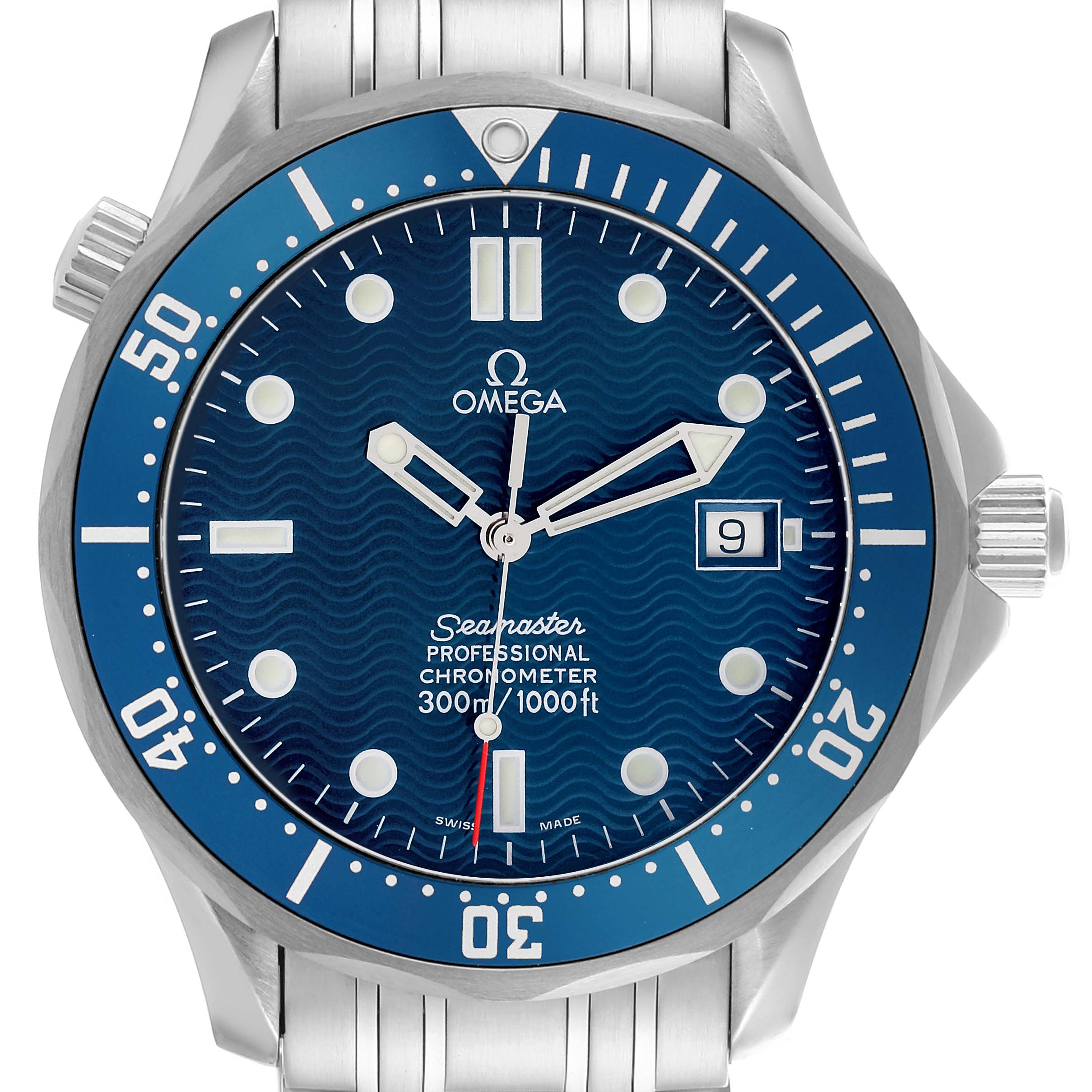 The Omega Seamaster 2531.80.00 Men
s Stainless Steel Blue Dial 2531.80.00 Men
s Stainless Steel Blue Dial watch is shown from the front, displaying the dial, bezel, and bracelet top.