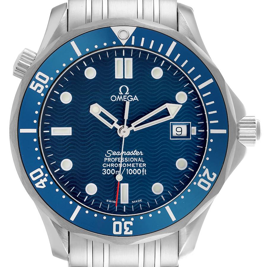 The Omega Seamaster watch is shown from the front, displaying the dial, bezel, and bracelet top.