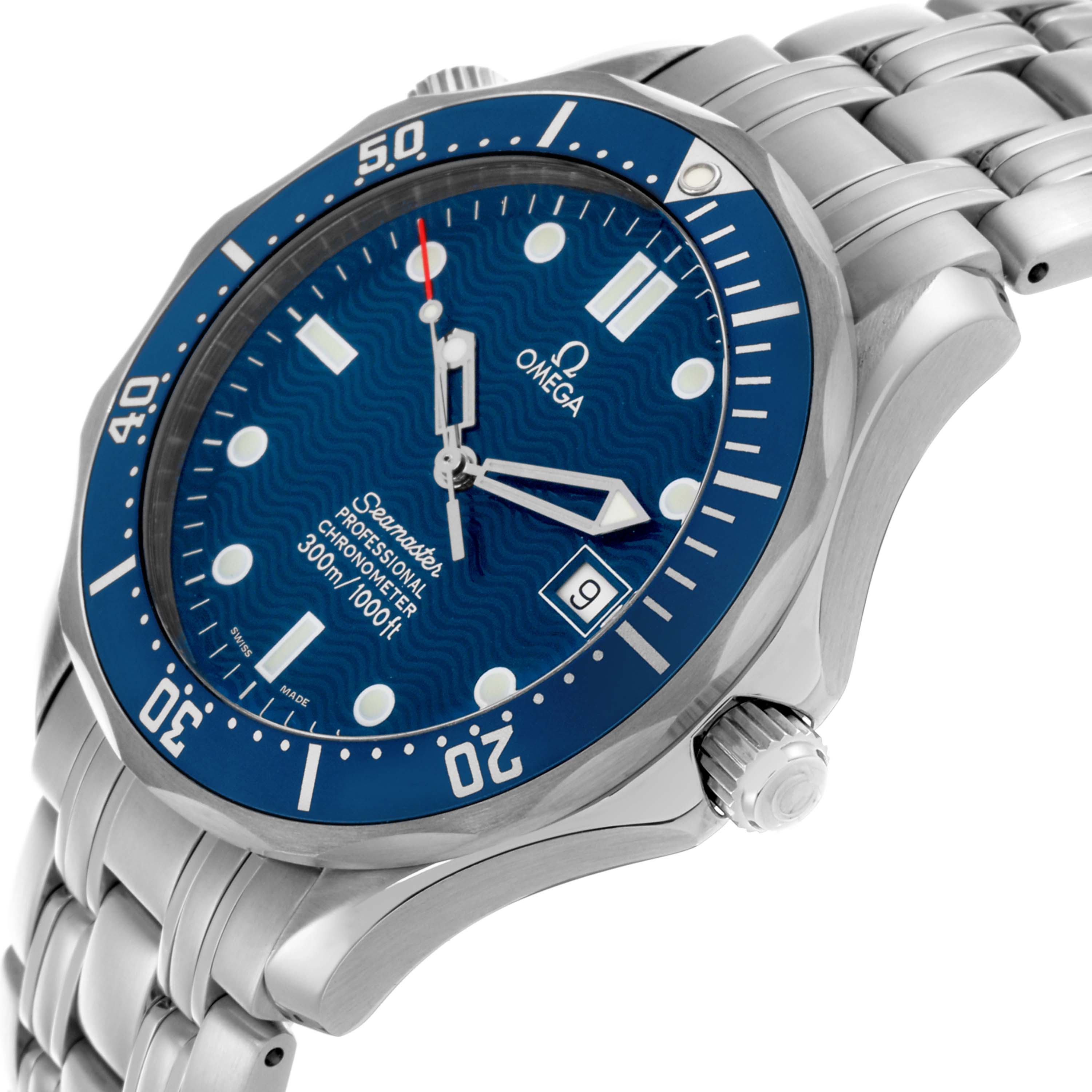The Omega Seamaster 2531.80.00 Men
s Stainless Steel Blue Dial 2531.80.00 Men
s Stainless Steel Blue Dial is shown at an angle highlighting the face, bezel, crown, and part of the bracelet.
