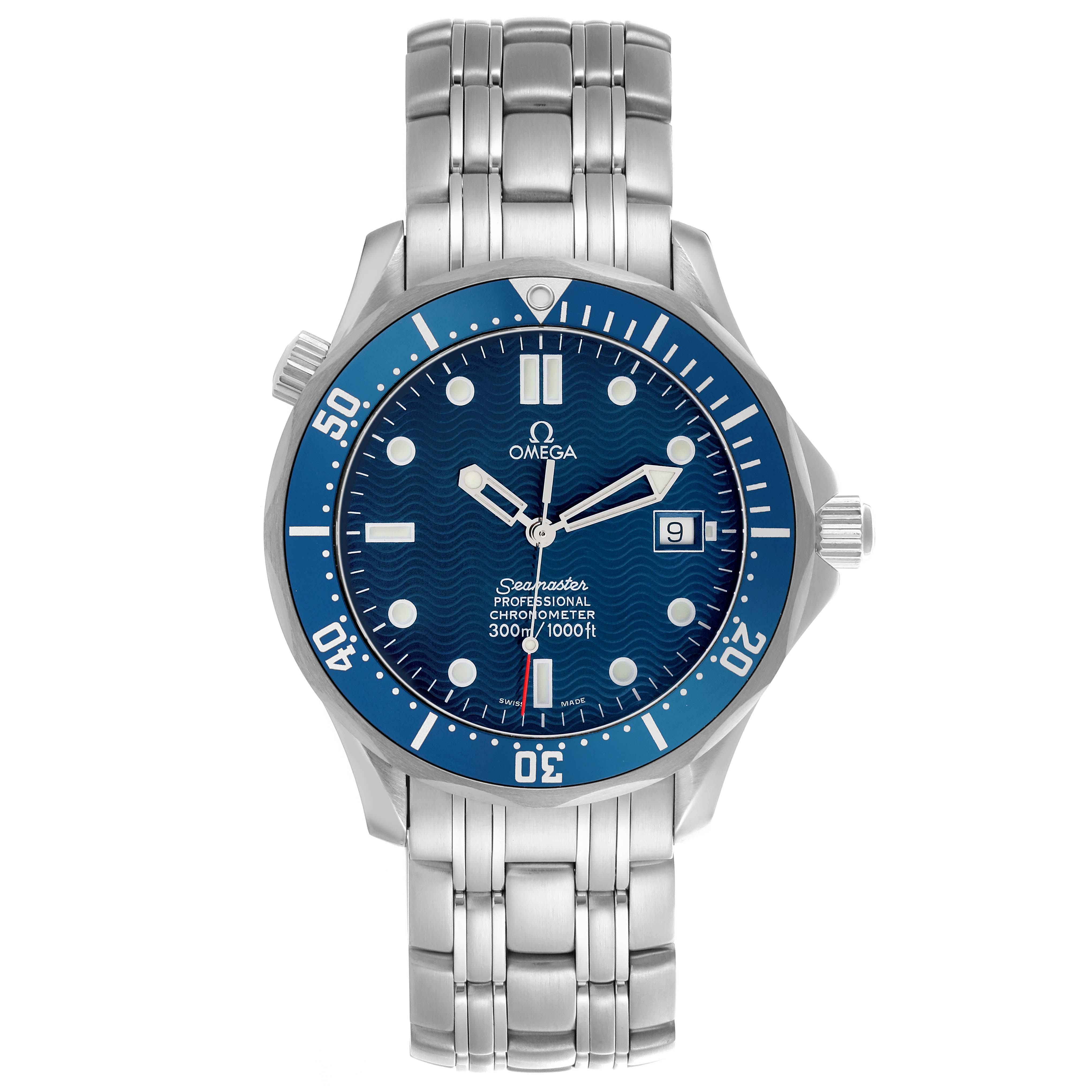 The Omega Seamaster 2531.80.00 Men
s Stainless Steel Blue Dial 2531.80.00 Men
s Stainless Steel Blue Dial watch is shown from a front angle, highlighting its blue dial, bezel, and stainless steel bracelet.