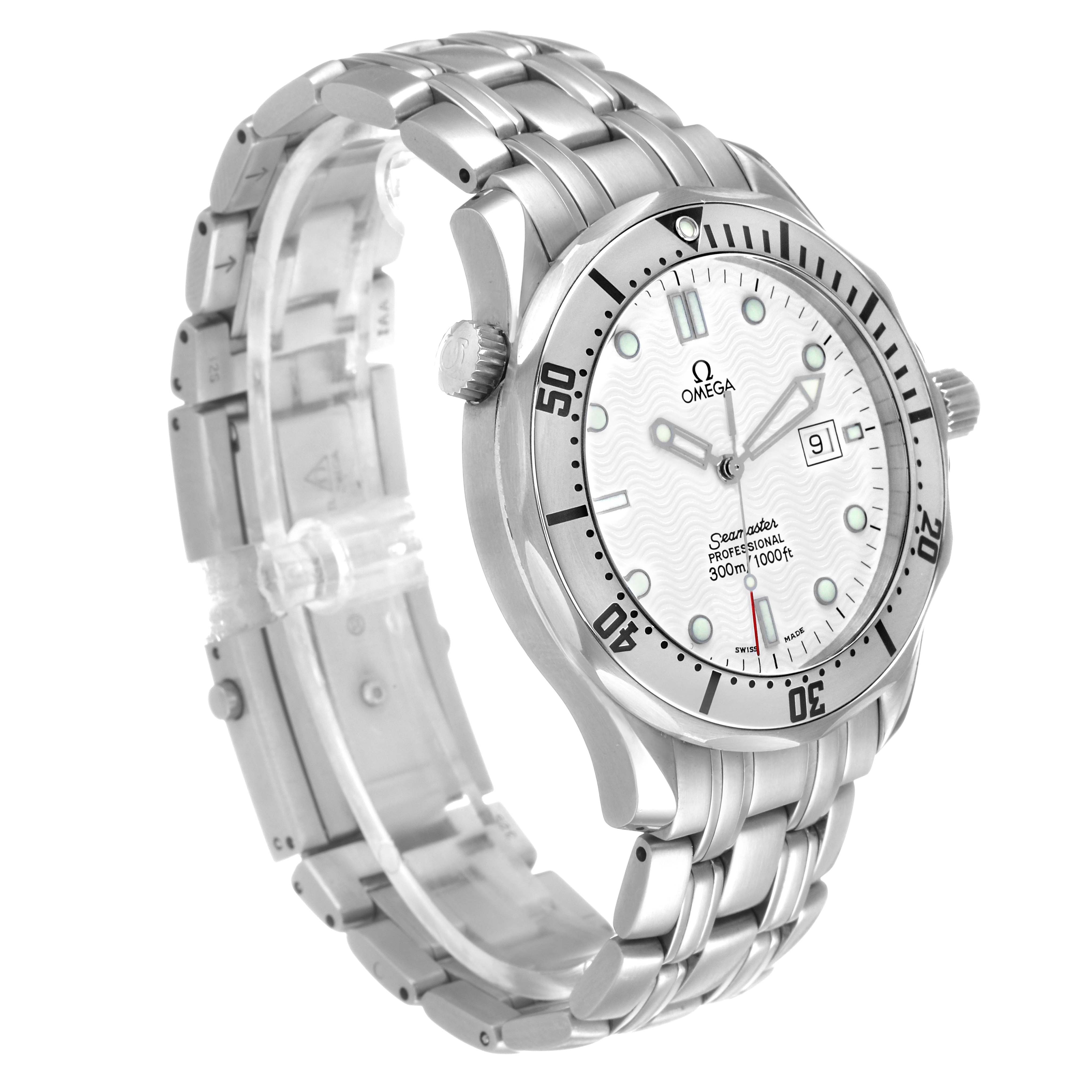 The Omega Seamaster 2542.22.00 Men's Stainless Steel White Dial watch is shown at a three-quarter angle, displaying the face, bezel, crown, and stainless steel bracelet.