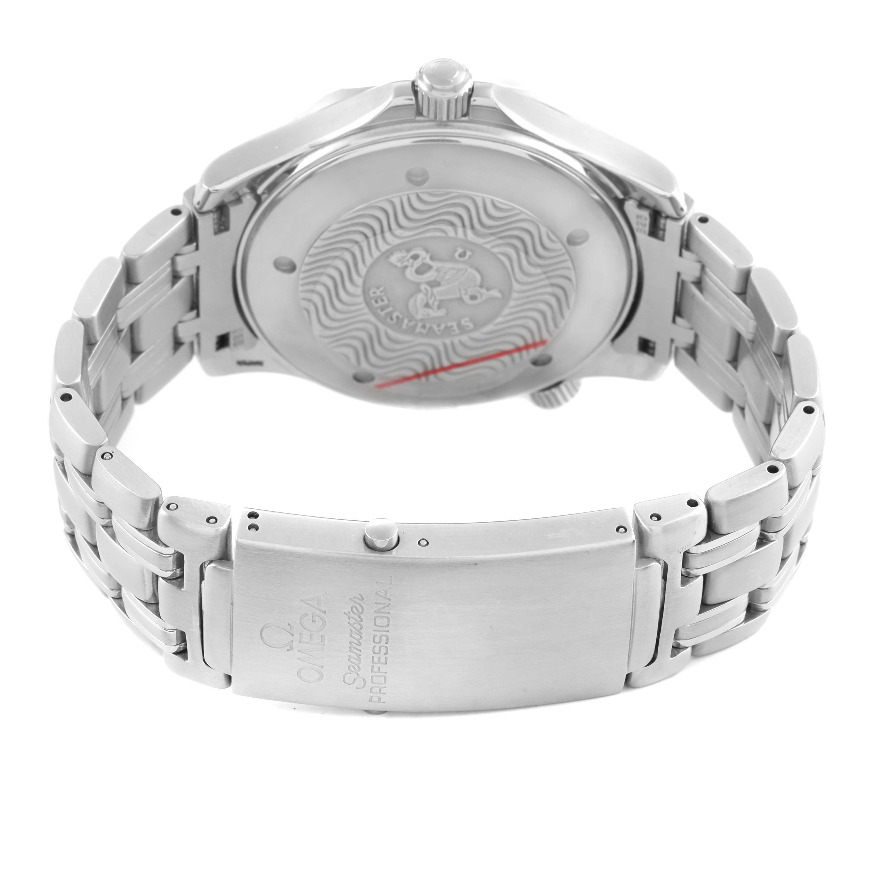 The Omega Seamaster 2542.22.00 Men's Stainless Steel White Dial watch is shown from the back, highlighting the case back and metal bracelet with the clasp.