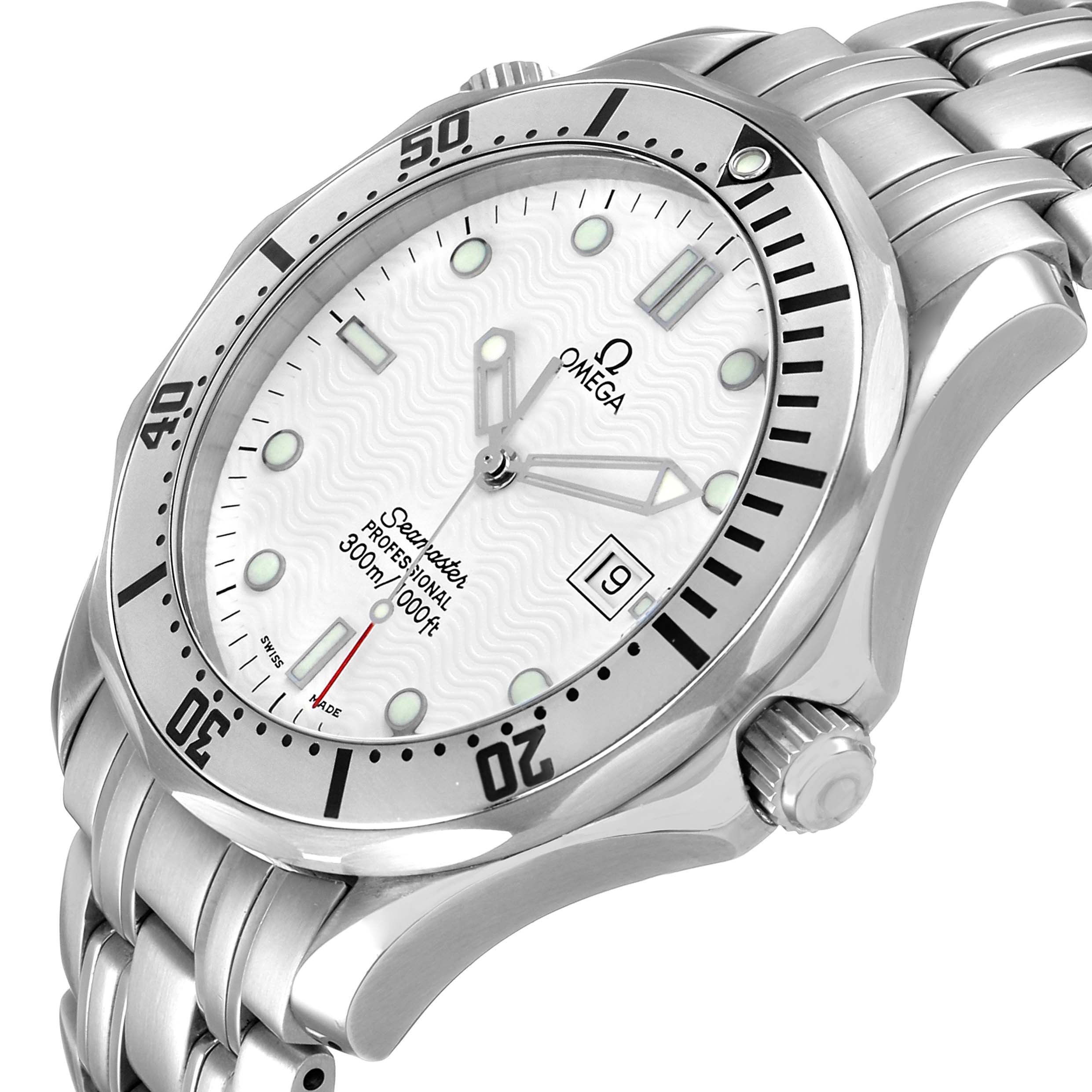 The Omega Seamaster 2542.22.00 Men's Stainless Steel White Dial watch is shown from a front-side angle, highlighting the bezel, dial, hands, date window, and bracelet.
