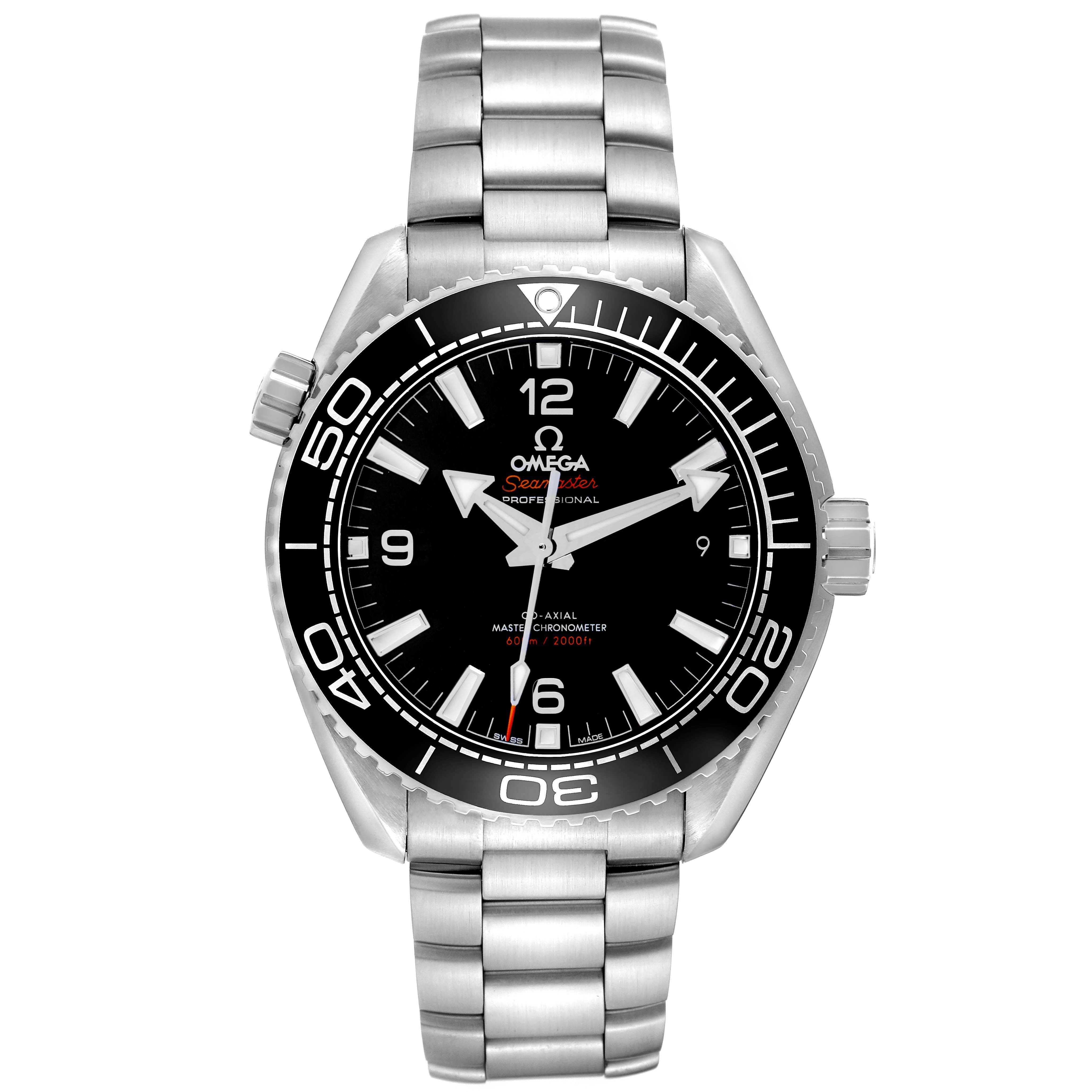 The image shows a front view of the Omega Planet Ocean 215.30.44.21.01.001 Men's Stainless Steel Black Dial watch, displaying the face, bezel, and part of the bracelet.