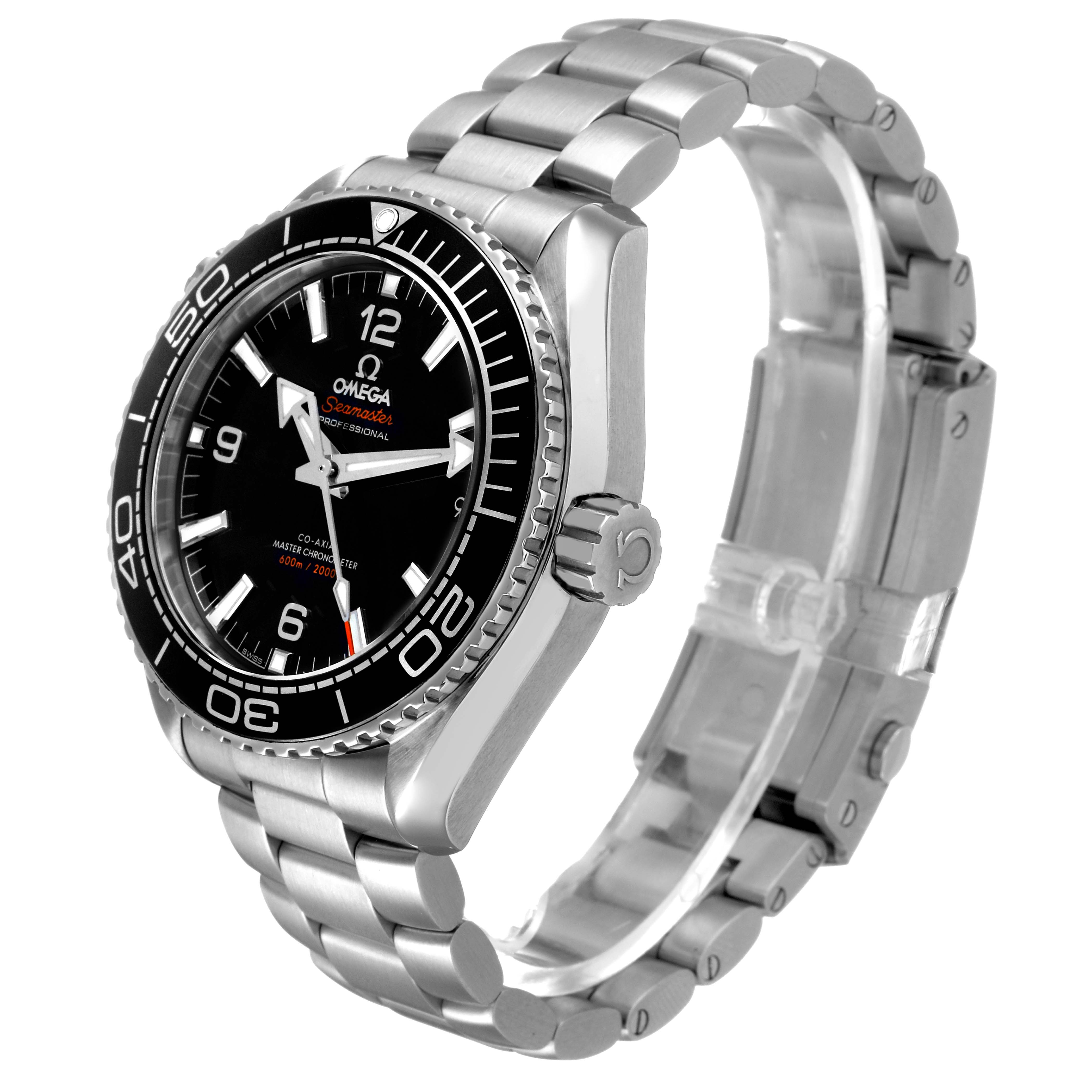 The Omega Planet Ocean 215.30.44.21.01.001 Men's Stainless Steel Black Dial is shown at a left-front angle, displaying the bezel, crown, dial, and metal bracelet.