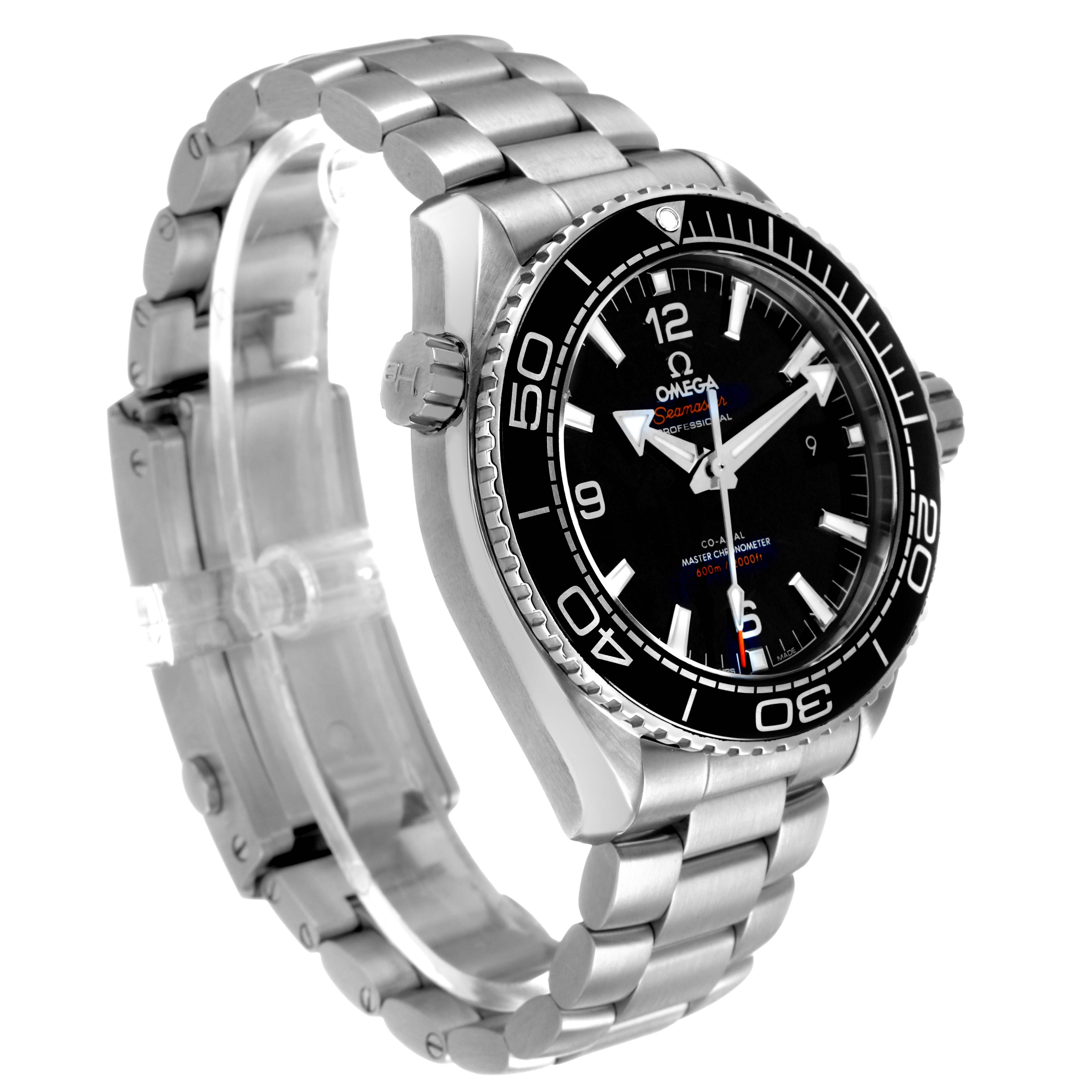 The Omega Planet Ocean 215.30.44.21.01.001 Men's Stainless Steel Black Dial watch is shown at a three-quarter angle, highlighting the bezel, dial, and metal bracelet.