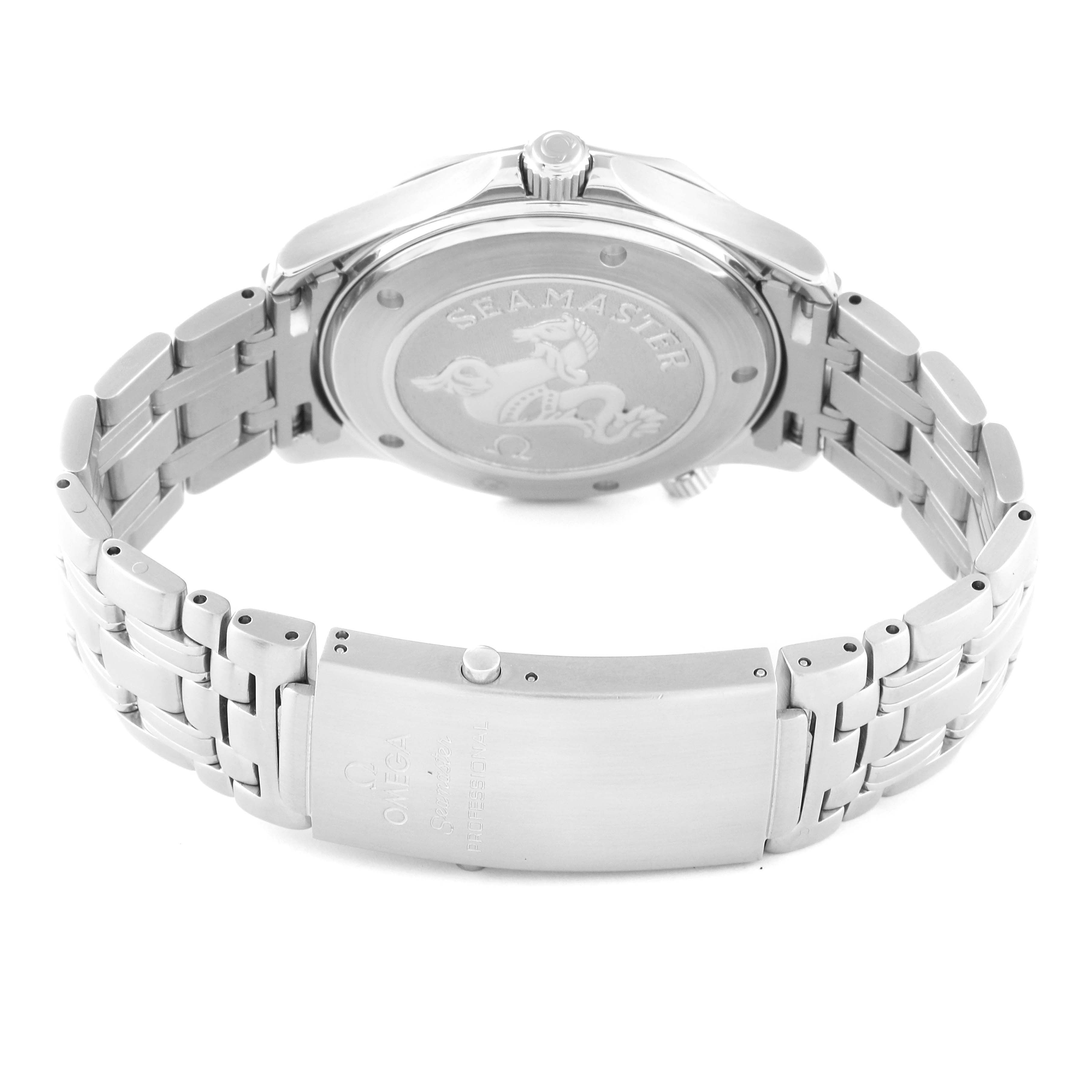 The image shows the back case and clasp of an Omega Seamaster 212.30.41.61.01.001 Men
s Stainless Steel Black Dial 212.30.41.61.01.001 Men
s Stainless Steel Black Dial watch, highlighting its engraved case back and metal bracelet.