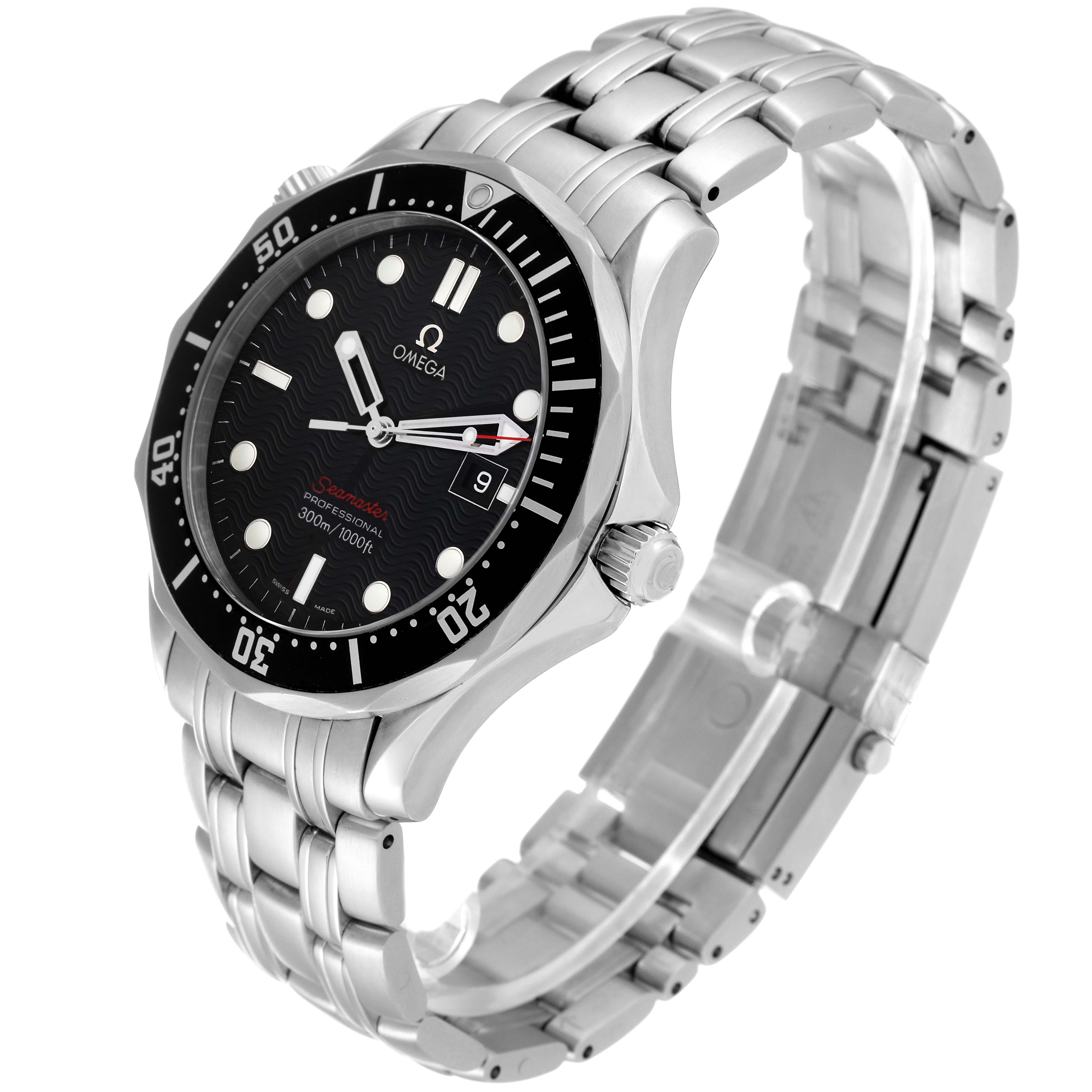 The image shows an angled view of an Omega Seamaster 212.30.41.61.01.001 Men
s Stainless Steel Black Dial 212.30.41.61.01.001 Men
s Stainless Steel Black Dial watch, highlighting its face, bezel, bracelet, and clasp.