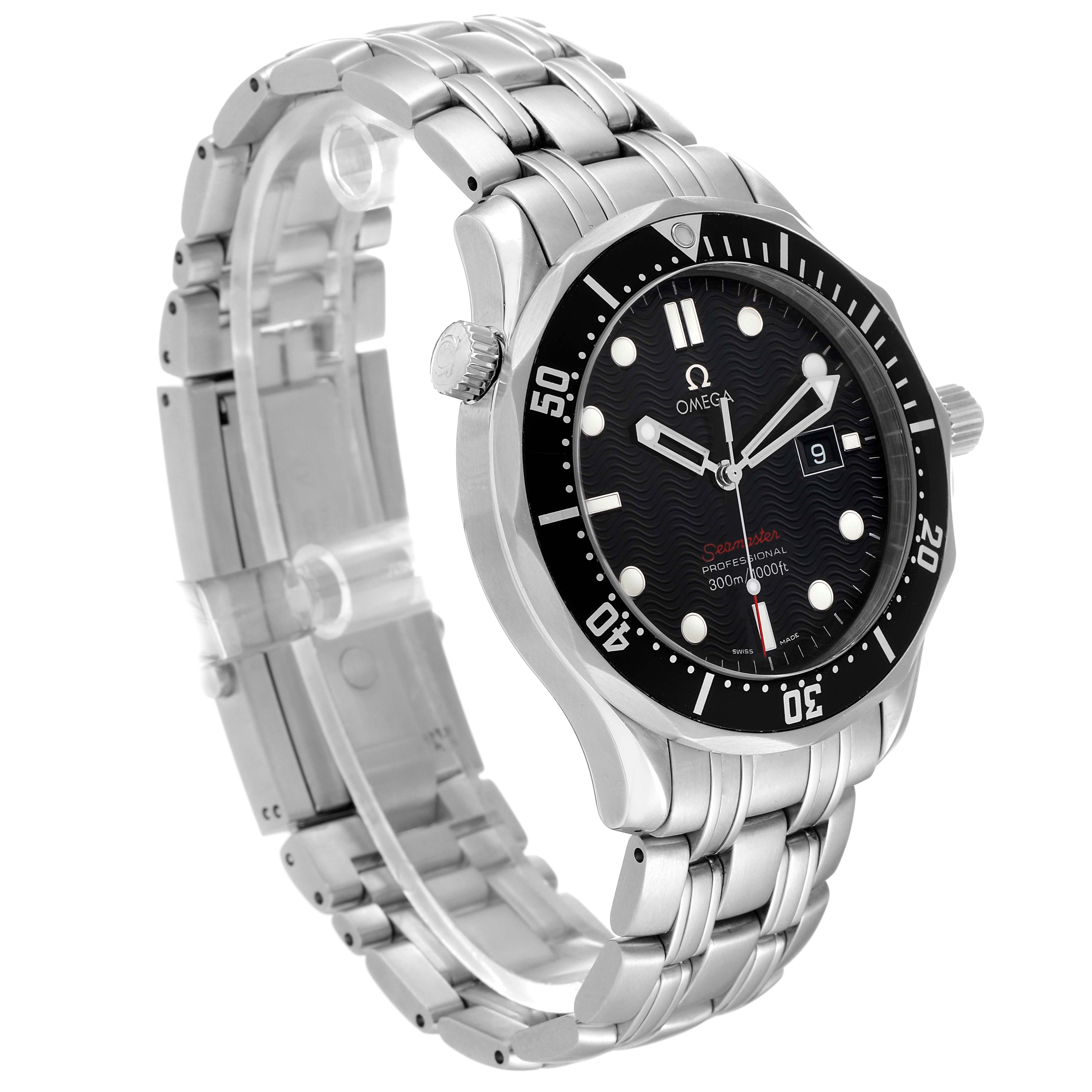 The image shows an angled view of an Omega Seamaster 212.30.41.61.01.001 Men
s Stainless Steel Black Dial 212.30.41.61.01.001 Men
s Stainless Steel Black Dial watch, highlighting the face, bezel, and stainless steel bracelet.