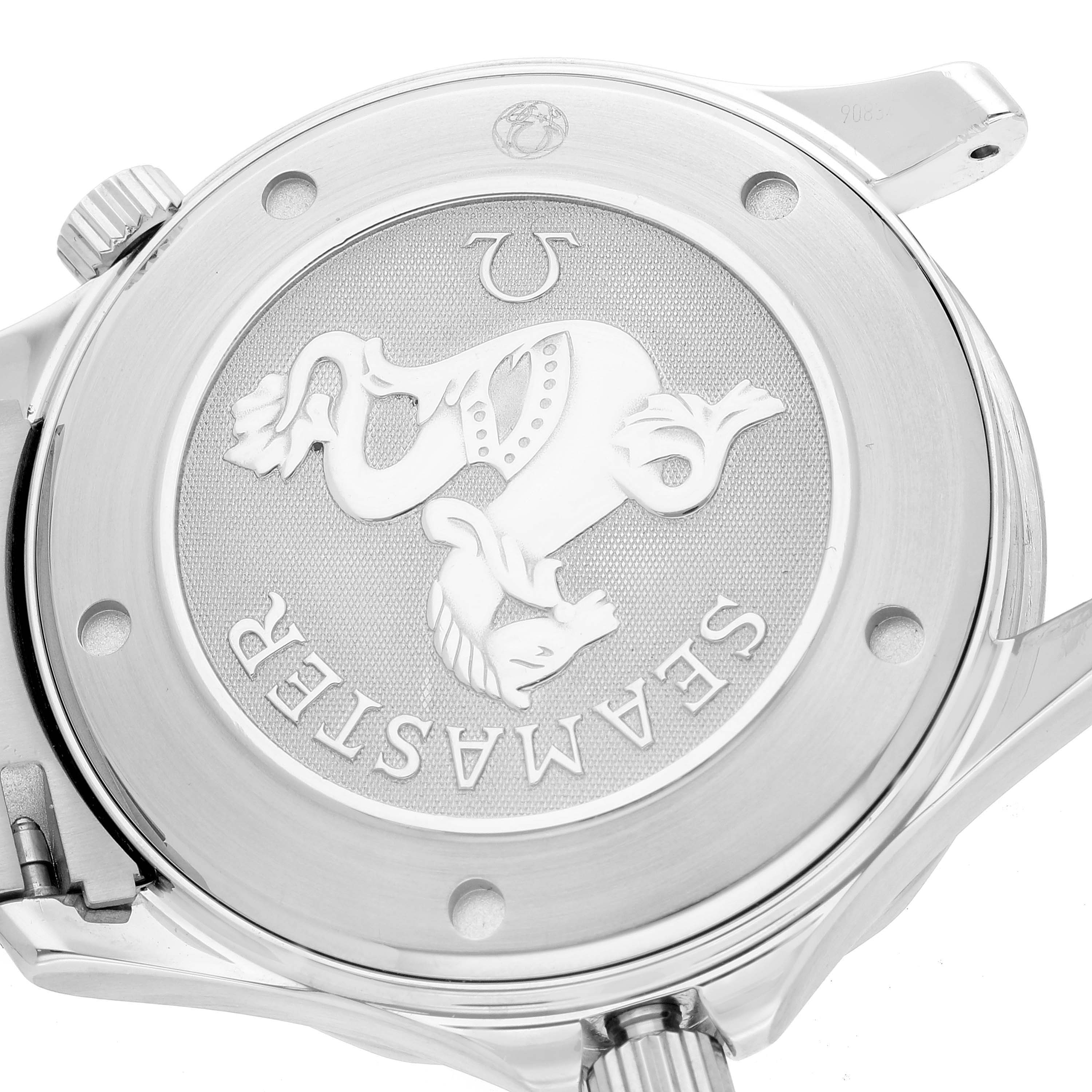 This image shows the back case of an Omega Seamaster 212.30.41.61.01.001 Men
s Stainless Steel Black Dial 212.30.41.61.01.001 Men
s Stainless Steel Black Dial watch, highlighting the engraved logo and text.