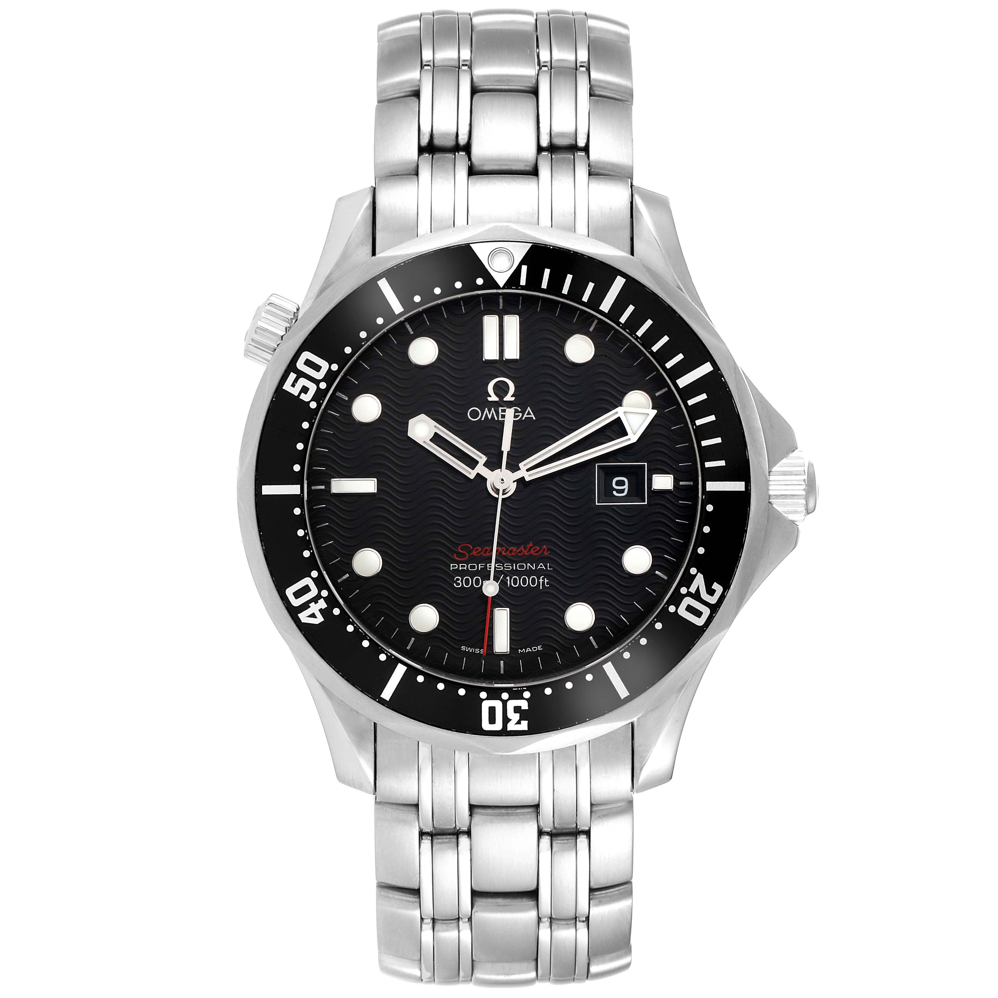This image shows a front view of the Omega Seamaster 212.30.41.61.01.001 Men
s Stainless Steel Black Dial 212.30.41.61.01.001 Men
s Stainless Steel Black Dial watch, featuring its bezel, dial, hands, date display, and stainless steel bracelet.
