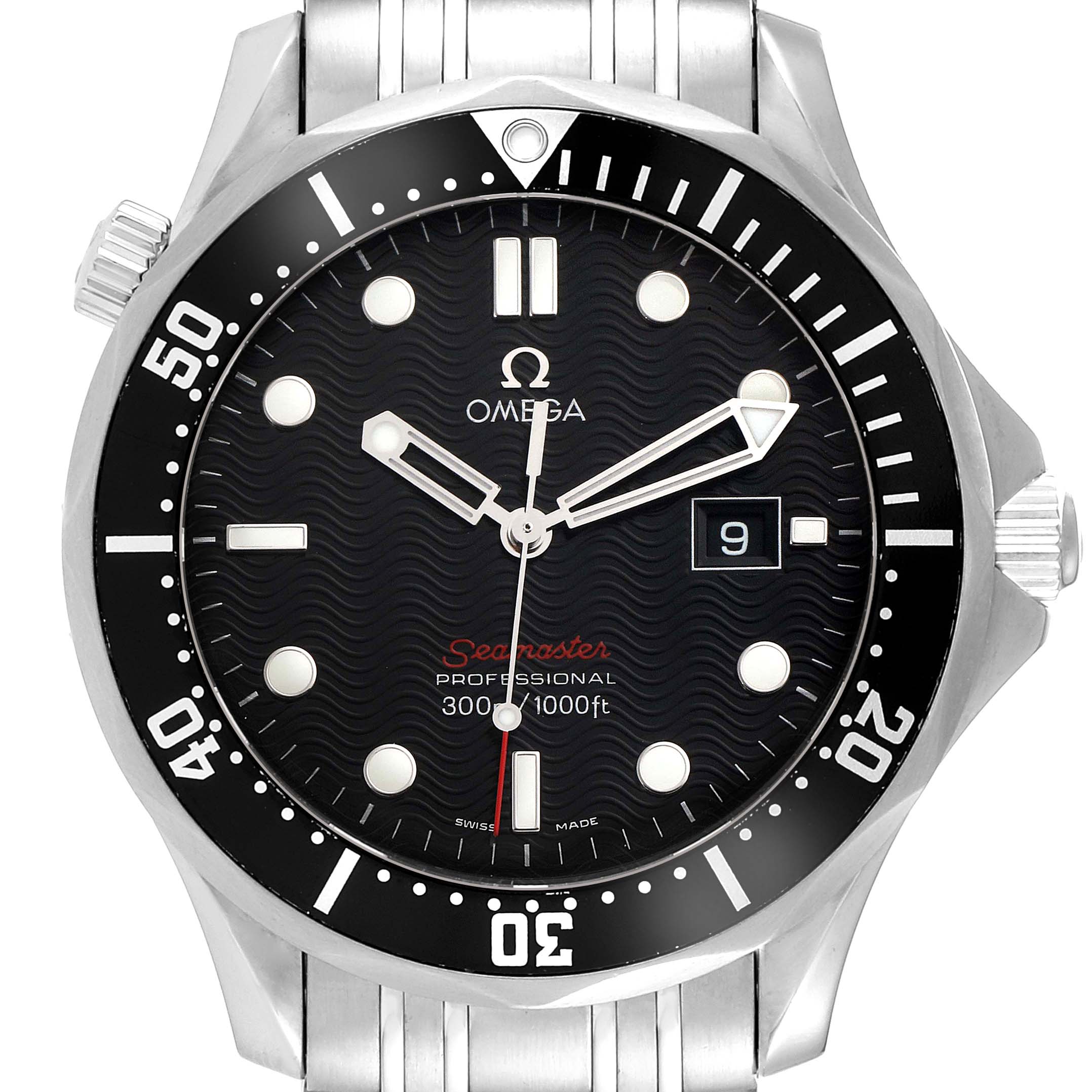 The image shows a front view of an Omega Seamaster 212.30.41.61.01.001 Men
s Stainless Steel Black Dial 212.30.41.61.01.001 Men
s Stainless Steel Black Dial, highlighting its face, bezel, crown, and part of the bracelet.