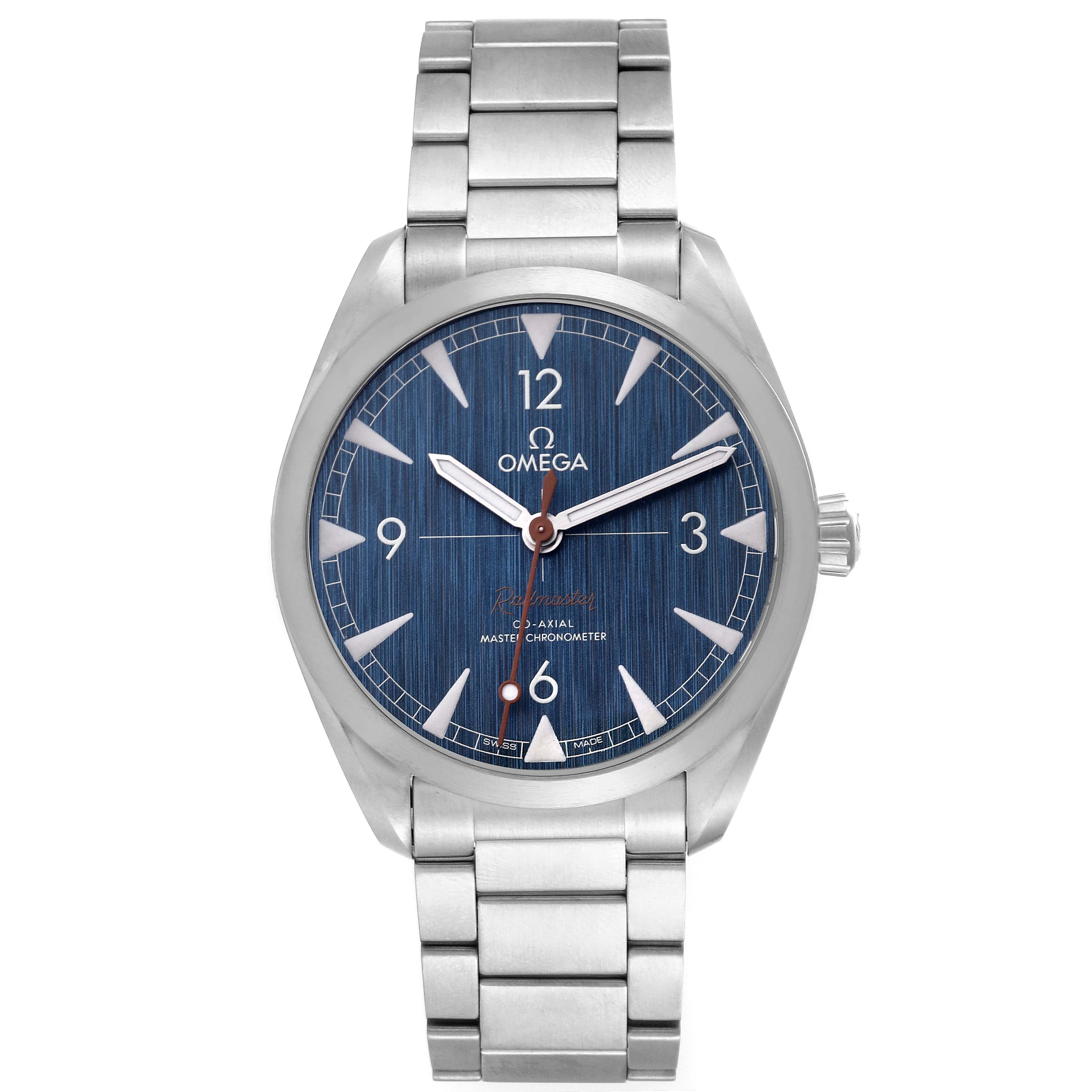 This image shows a front view of an Omega Seamaster 220.10.40.20.03.001 Men
s Stainless Steel Blue Dial 220.10.40.20.03.001 Men
s Stainless Steel Blue Dial watch, highlighting its blue dial, silver case, and metal bracelet.