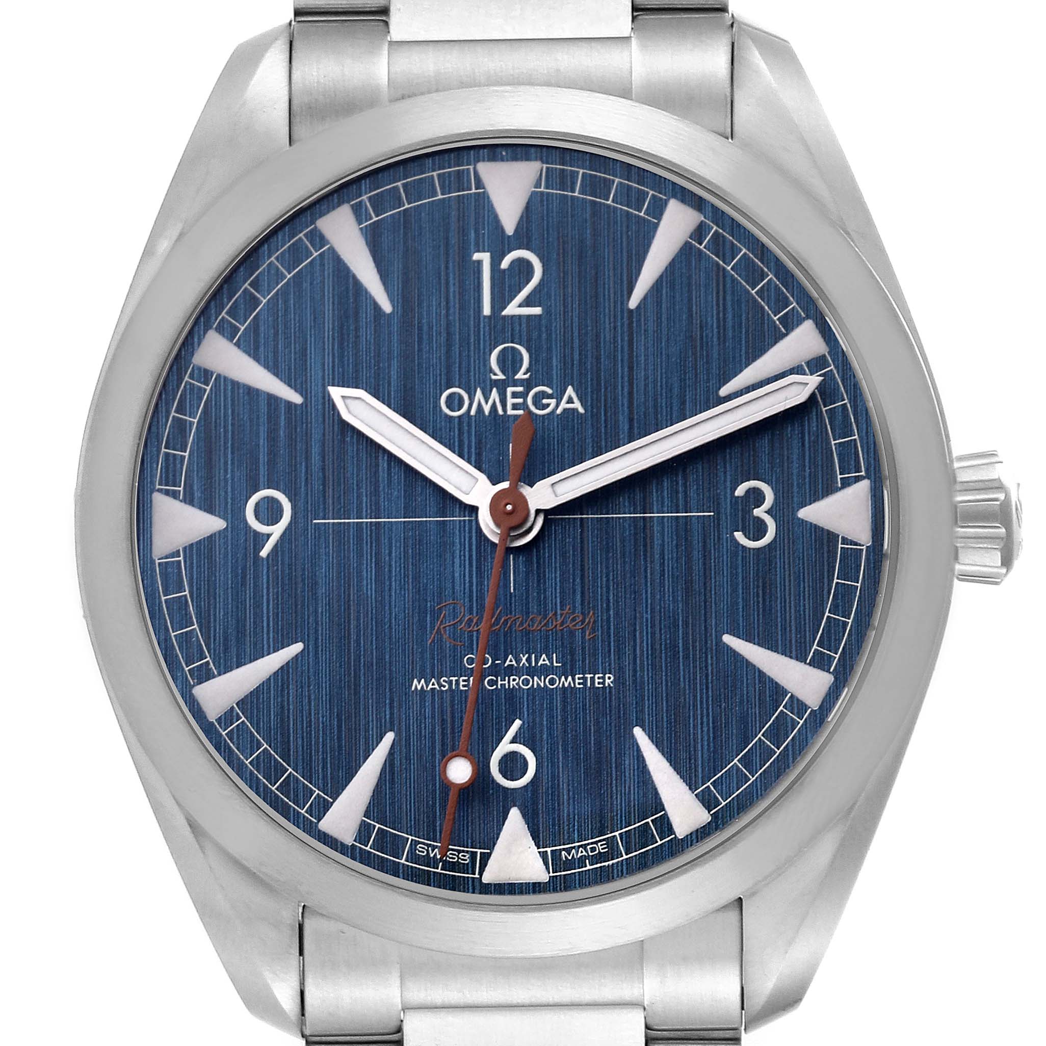 The image shows a front view of the Omega Seamaster 220.10.40.20.03.001 Men
s Stainless Steel Blue Dial 220.10.40.20.03.001 Men
s Stainless Steel Blue Dial watch face and part of the metal bracelet.