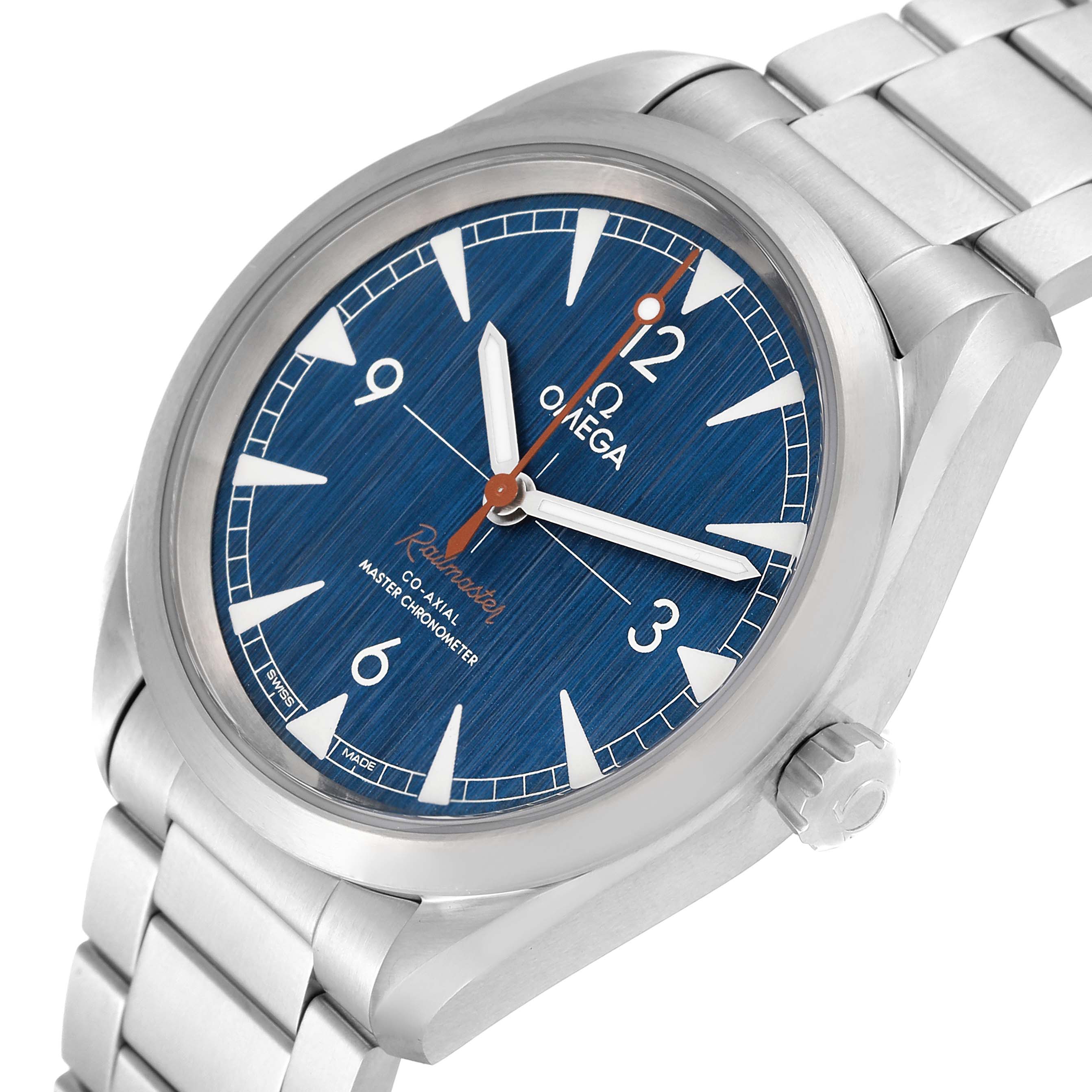 The Omega Seamaster 220.10.40.20.03.001 Men
s Stainless Steel Blue Dial 220.10.40.20.03.001 Men
s Stainless Steel Blue Dial watch is shown at an angle displaying the dial, crown, and part of the stainless steel bracelet.