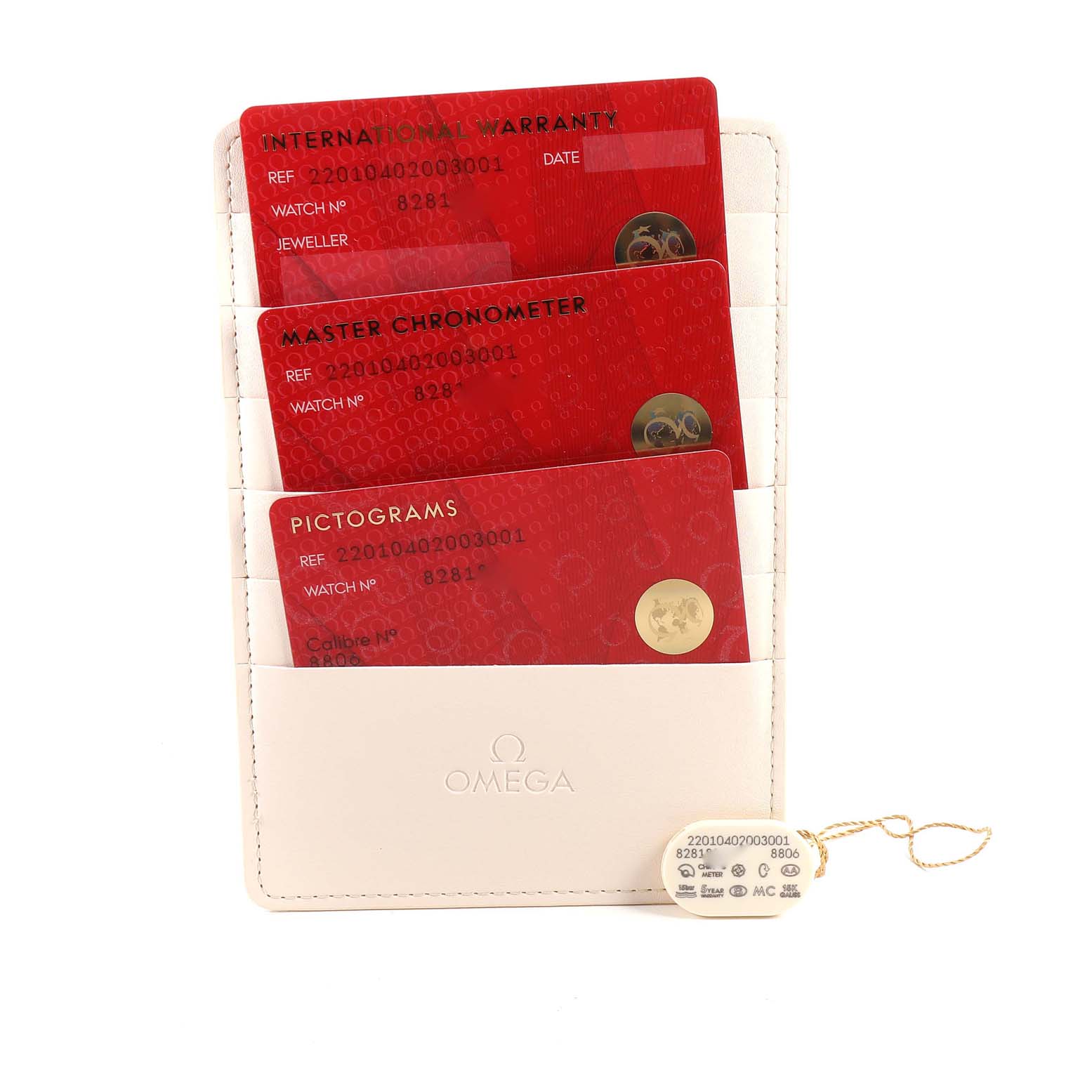 The image shows warranty cards and documentation for the Omega Seamaster 220.10.40.20.03.001 Men
s Stainless Steel Blue Dial 220.10.40.20.03.001 Men
s Stainless Steel Blue Dial model.