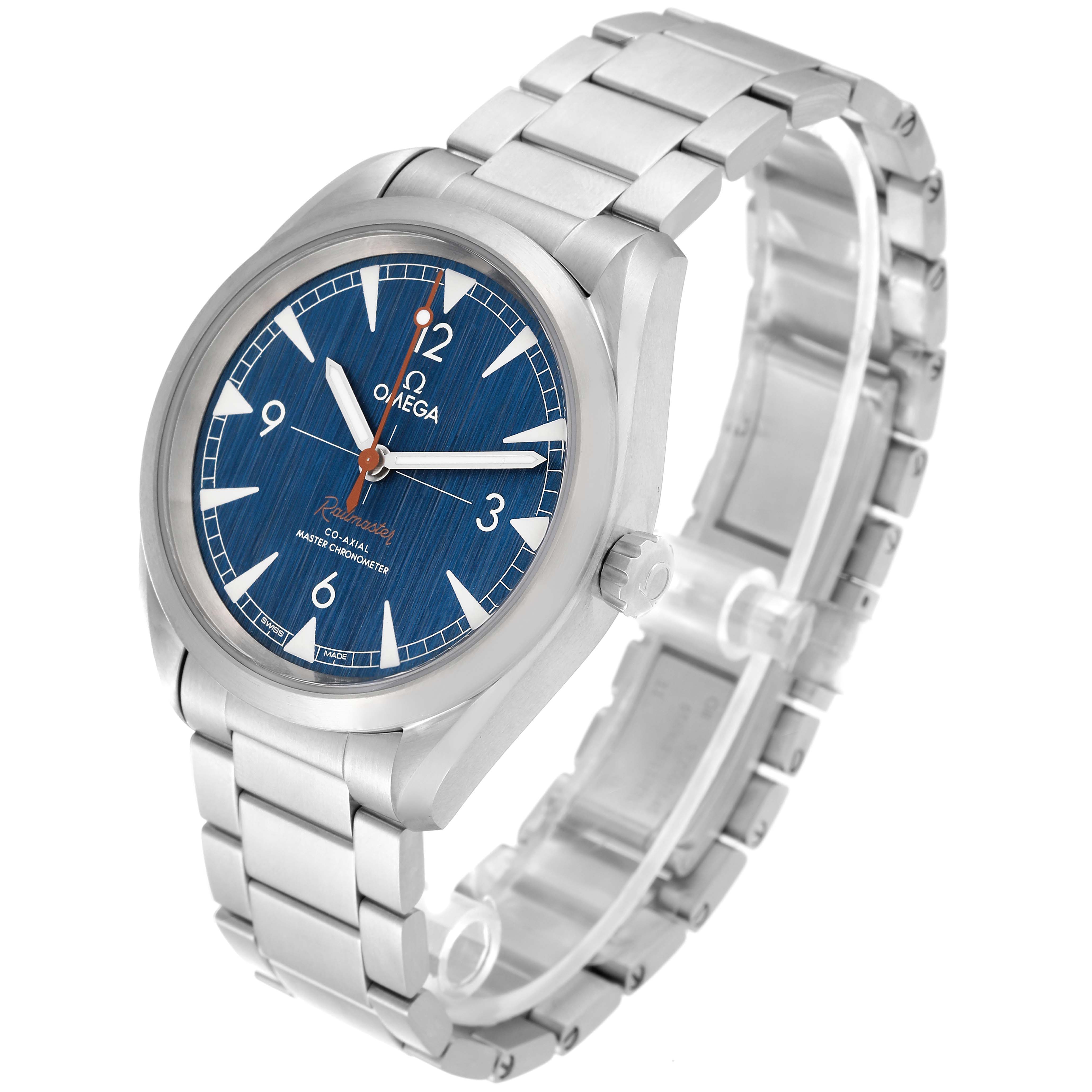 The image shows an Omega Seamaster 220.10.40.20.03.001 Men
s Stainless Steel Blue Dial 220.10.40.20.03.001 Men
s Stainless Steel Blue Dial watch at a slight angle, featuring its blue dial, silver case, and metal bracelet.
