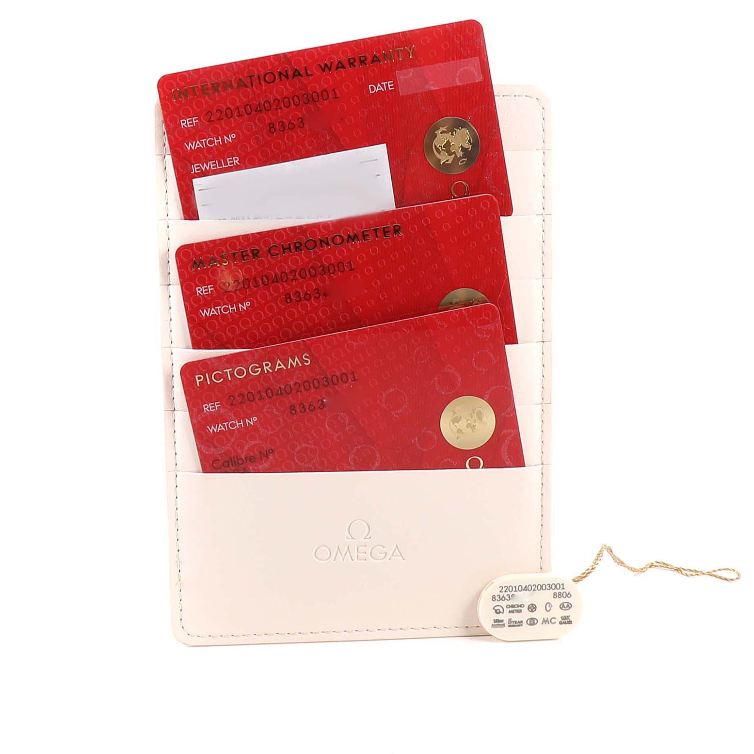 The image shows Omega Seamaster 220.10.40.20.03.001 Men
s Stainless Steel Blue Dial 220.10.40.20.03.001 Men
s Stainless Steel Blue Dial model cards including warranty, chronometer, and pictograms in a white cardholder.