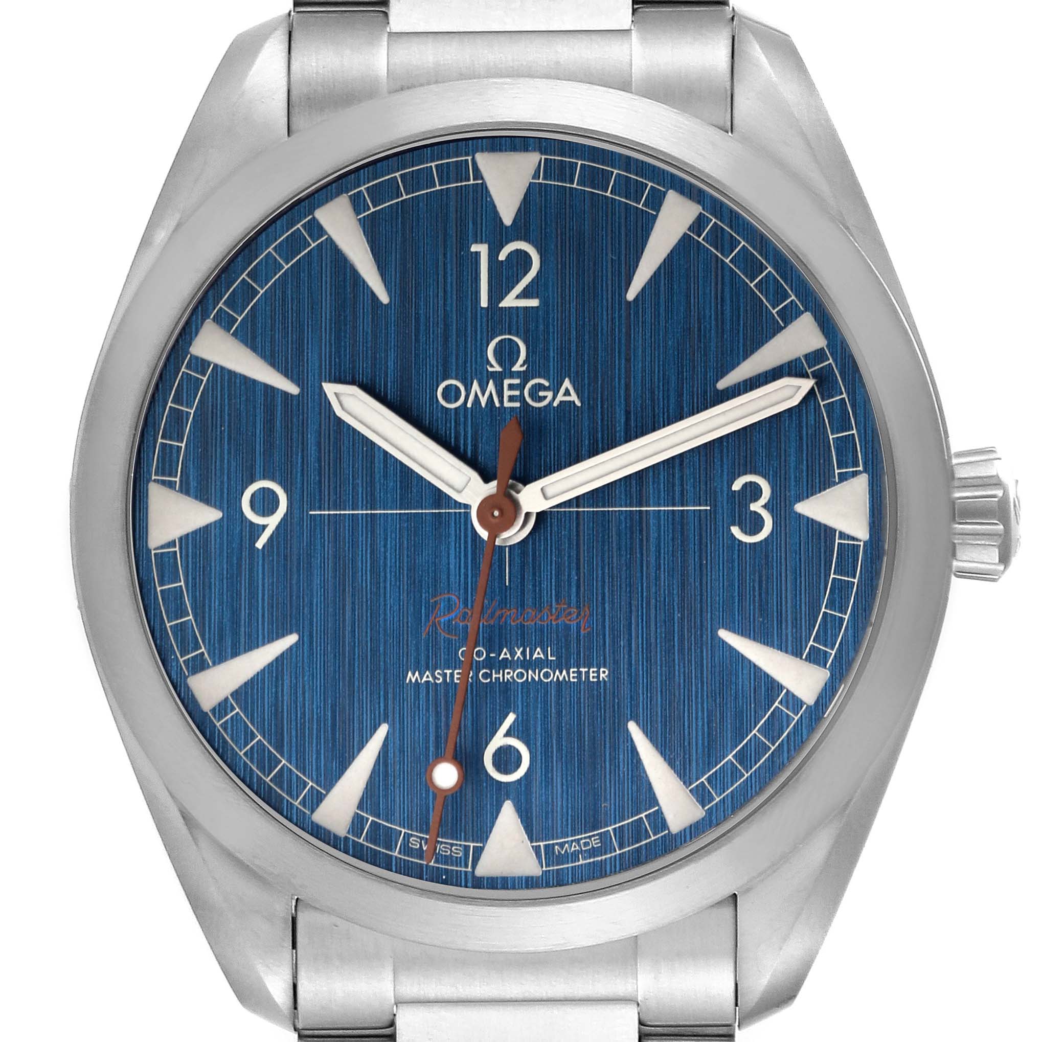 The image shows a front view of an Omega Seamaster 220.10.40.20.03.001 Men
s Stainless Steel Blue Dial 220.10.40.20.03.001 Men
s Stainless Steel Blue Dial watch, highlighting its blue dial, hands, markings, and part of the bracelet.
