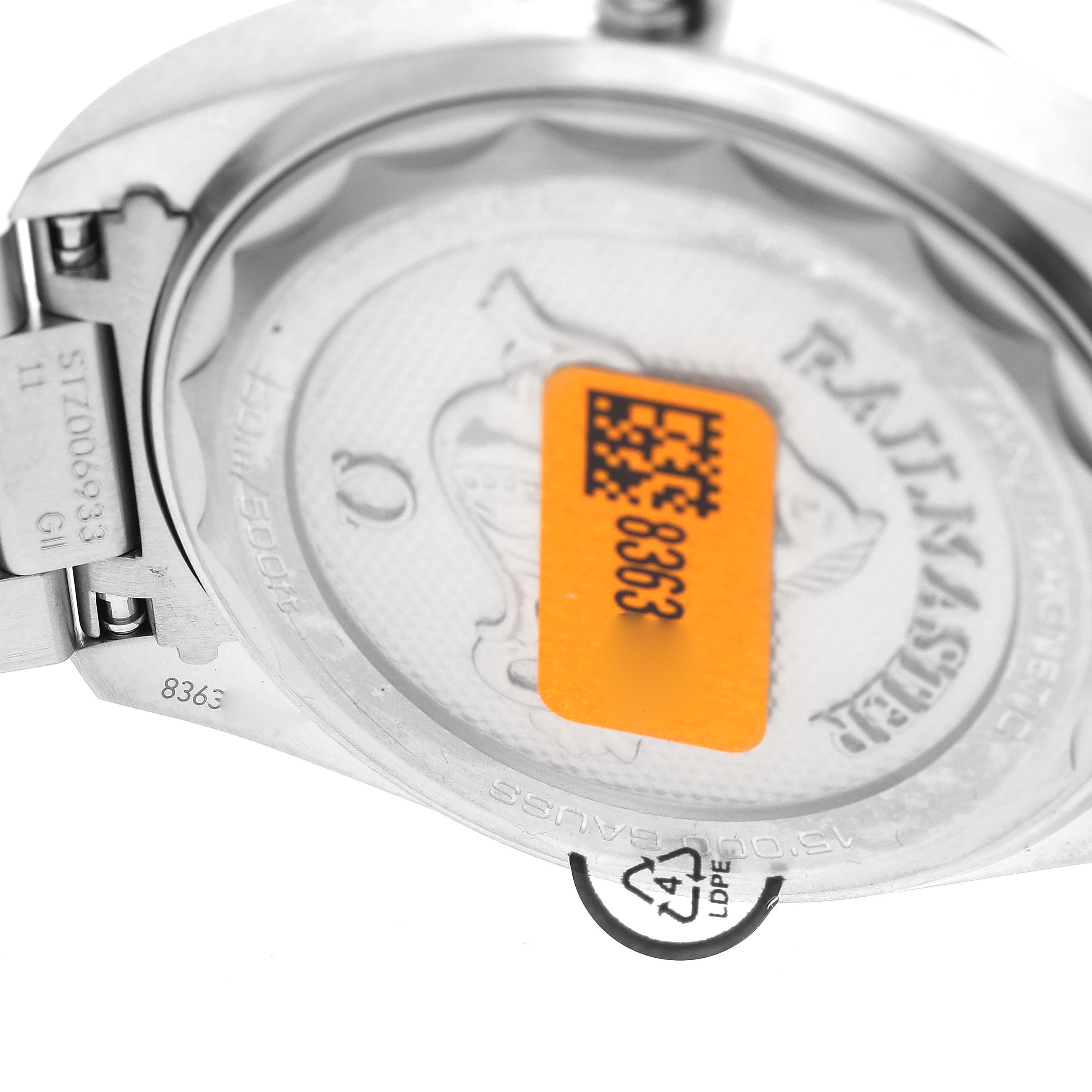 This image shows the caseback of an Omega Seamaster 220.10.40.20.03.001 Men
s Stainless Steel Blue Dial 220.10.40.20.03.001 Men
s Stainless Steel Blue Dial watch at a close-up angle, featuring the logo and model details.