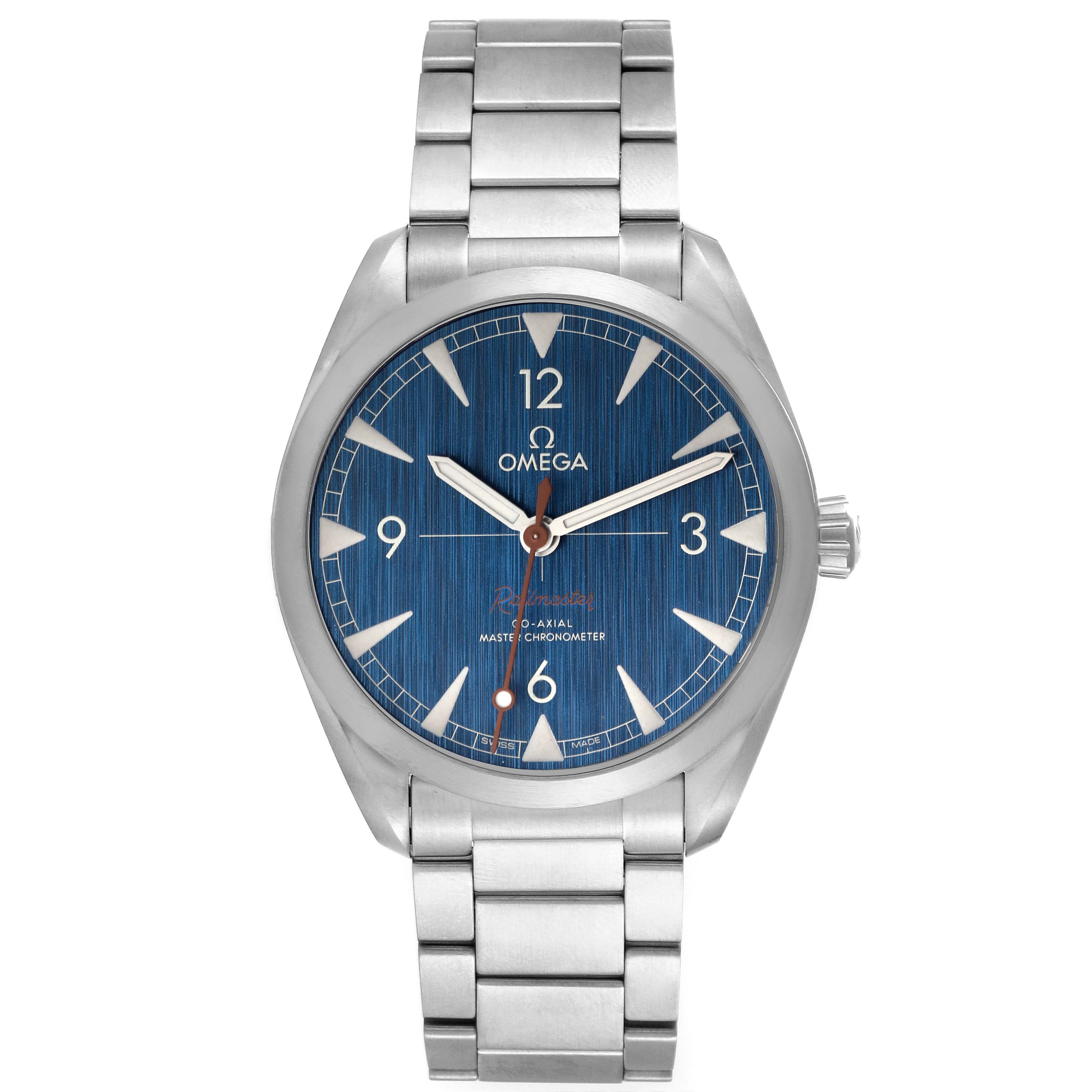 The image shows a front view of the Omega Seamaster 220.10.40.20.03.001 Men
s Stainless Steel Blue Dial 220.10.40.20.03.001 Men
s Stainless Steel Blue Dial watch with its stainless steel bracelet and blue dial.
