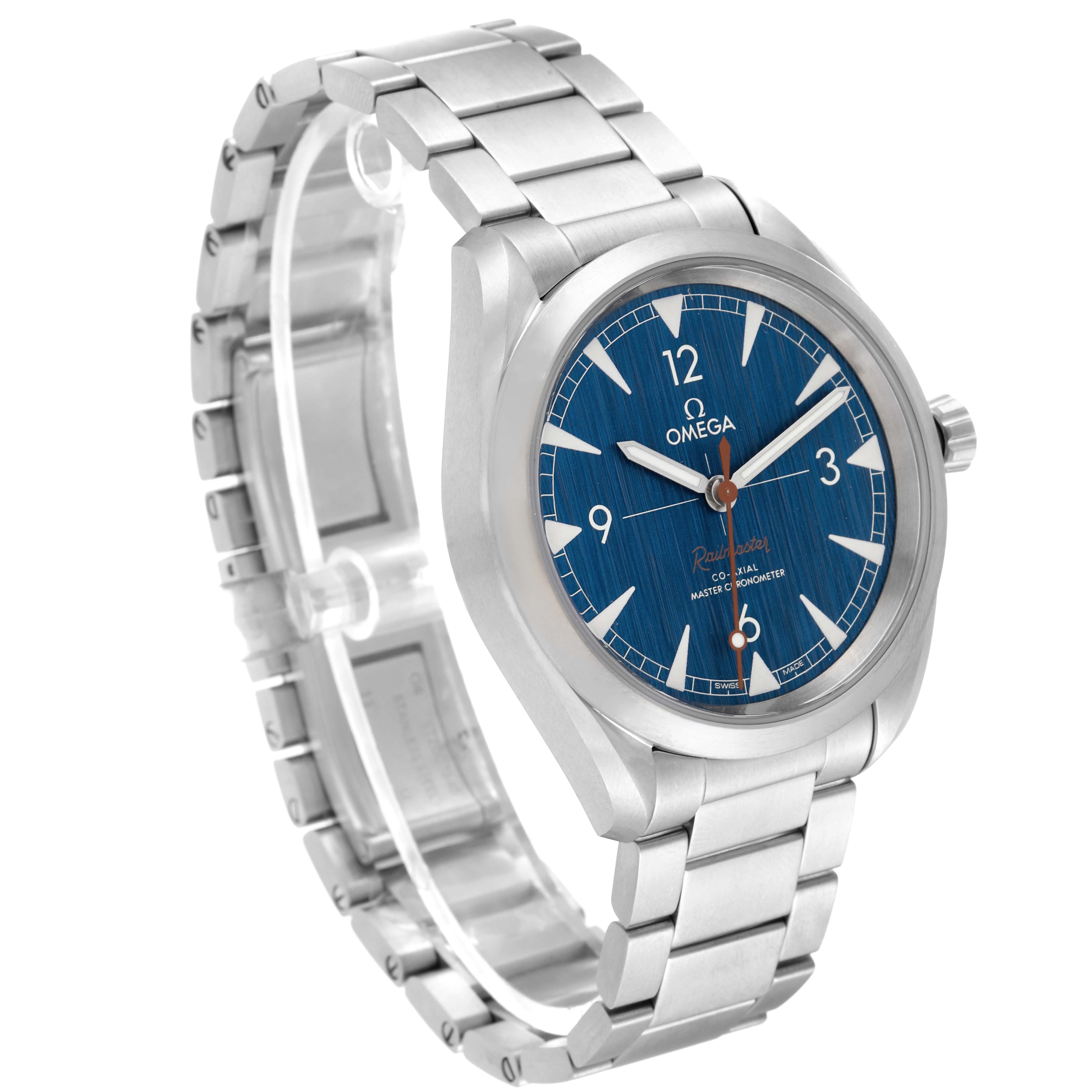 The image shows a side-angle view of an Omega Seamaster 220.10.40.20.03.001 Men
s Stainless Steel Blue Dial 220.10.40.20.03.001 Men
s Stainless Steel Blue Dial watch, highlighting its stainless steel bracelet and blue dial.