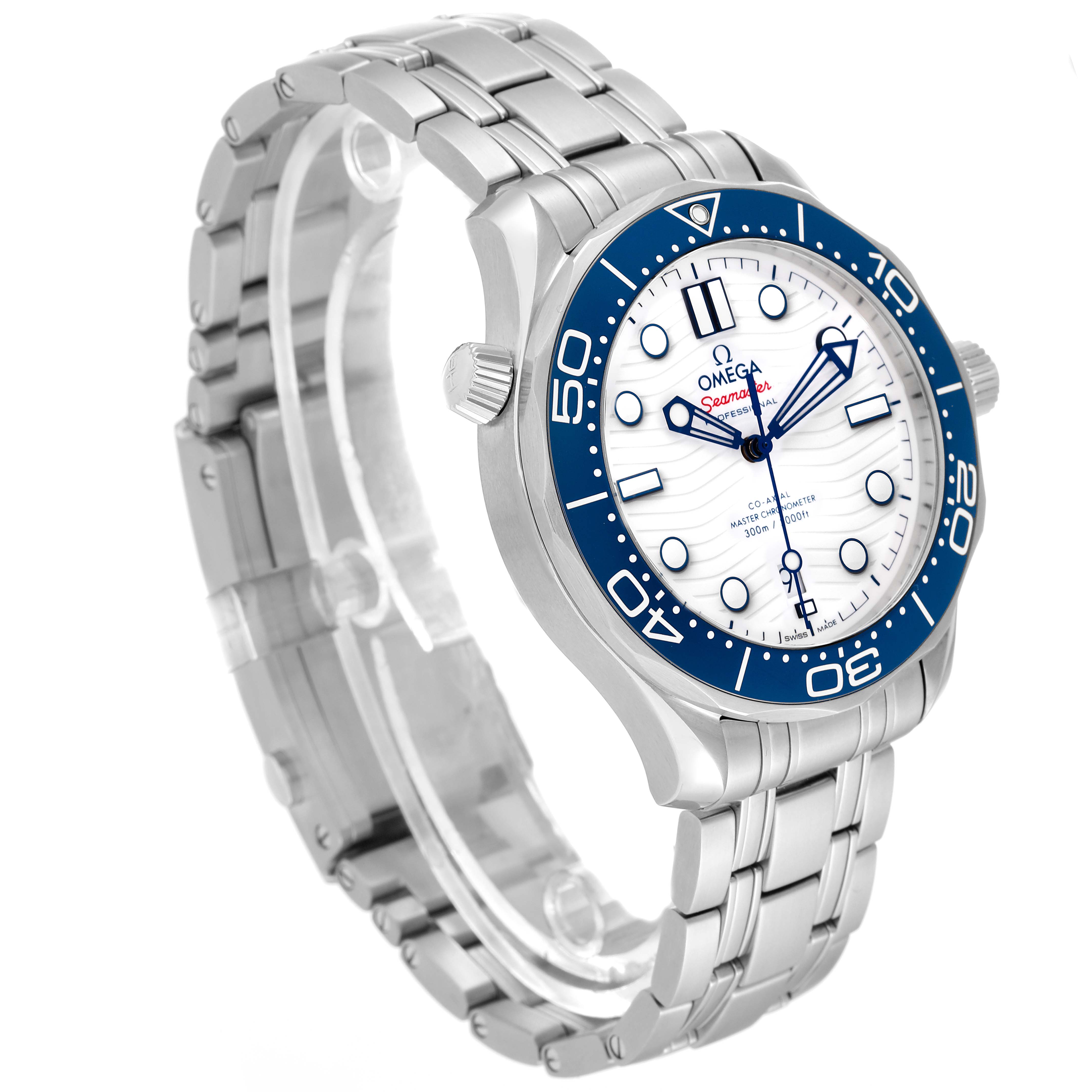 The Omega Seamaster 522.30.42.20.04.001 Men's Stainless Steel White Dial 522.30.42.20.04.001 Men's Stainless Steel White Dial model watch is shown at a three-quarter angle, highlighting the stainless steel bracelet, bezel, and face.