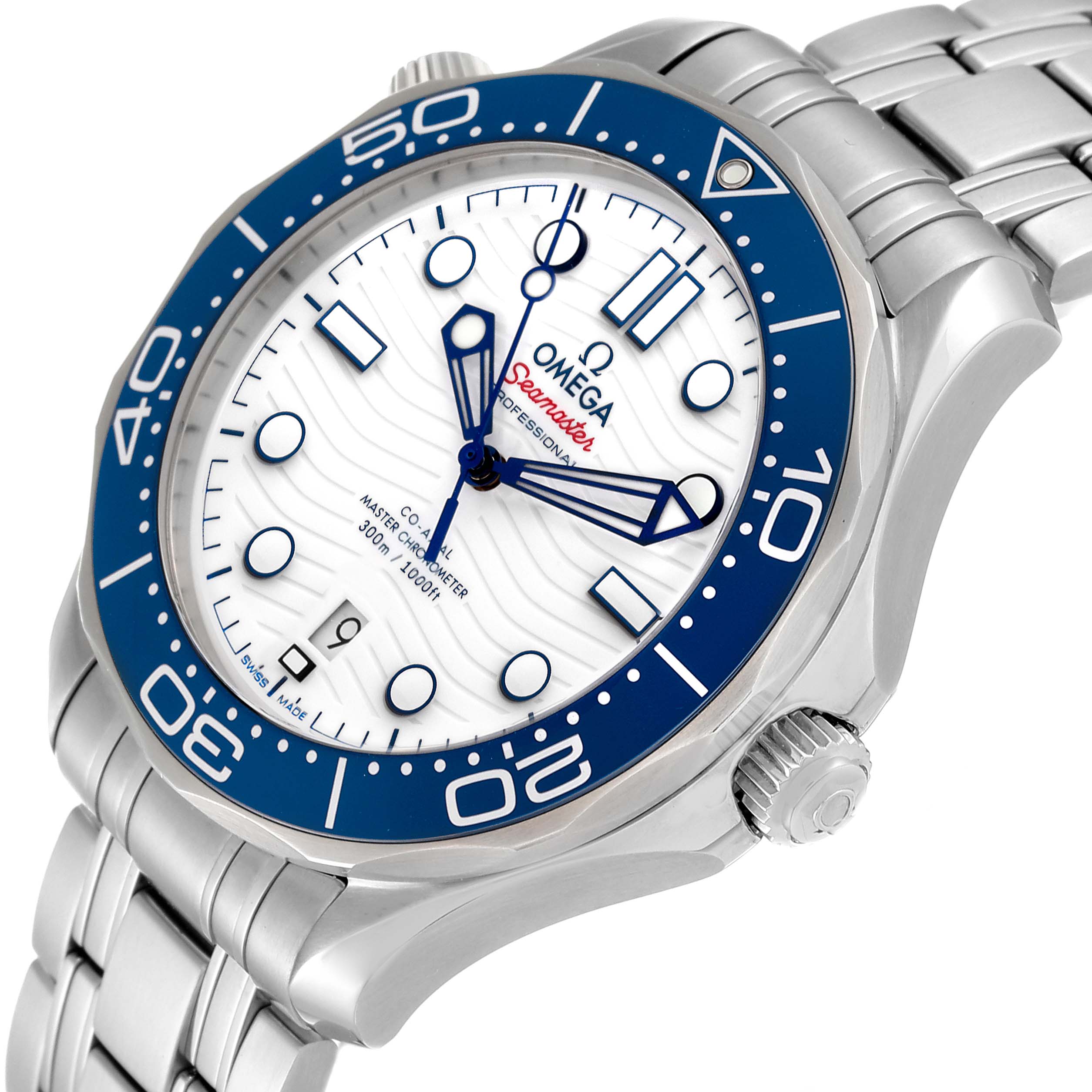 The image shows a close-up angle of the Omega Seamaster 522.30.42.20.04.001 Men's Stainless Steel White Dial 522.30.42.20.04.001 Men's Stainless Steel White Dial watch, highlighting its bezel, dial, and bracelet.