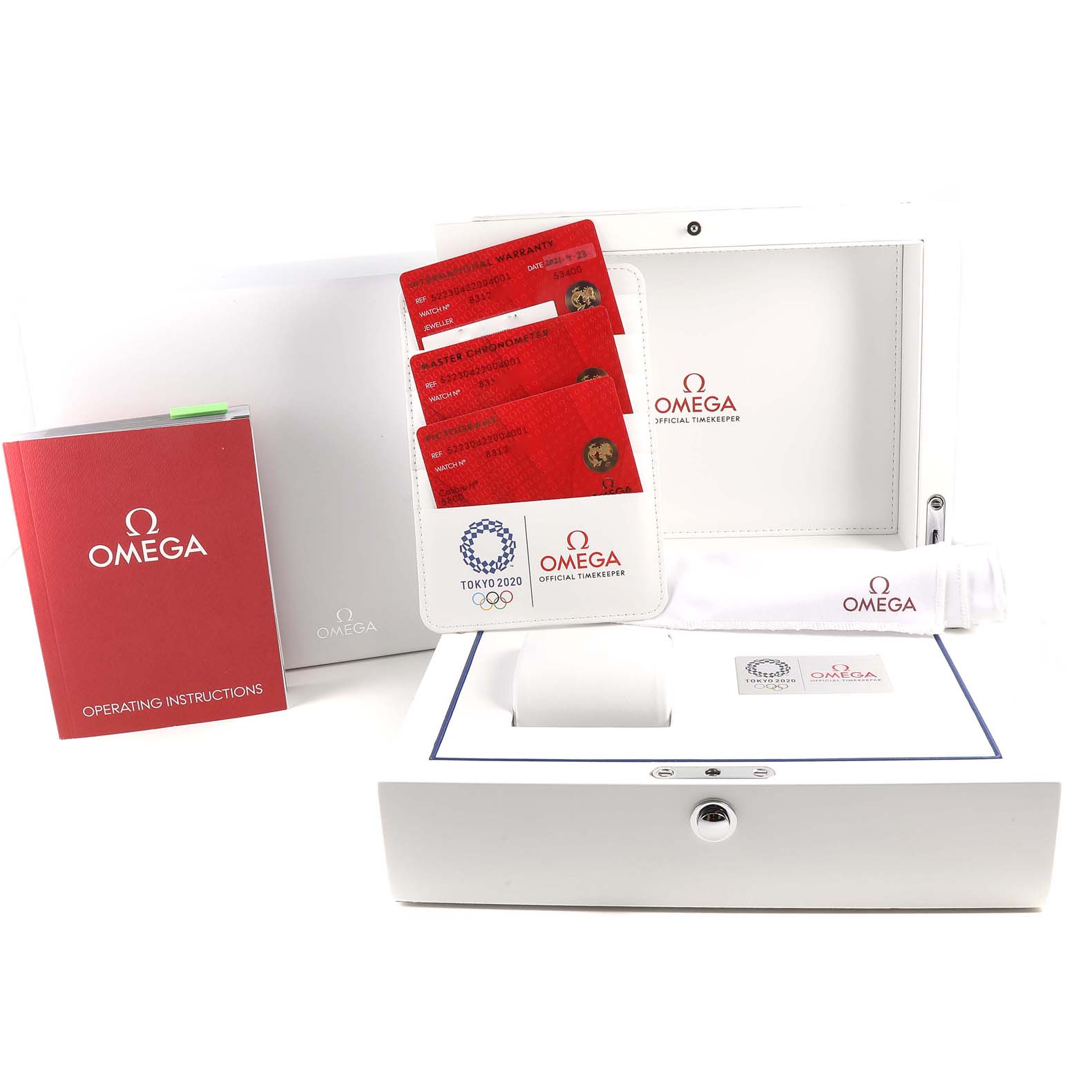 The image shows the Omega Seamaster 522.30.42.20.04.001 Men's Stainless Steel White Dial 522.30.42.20.04.001 Men's Stainless Steel White Dial packaging with warranty cards, operating instructions, and a branded watch case.