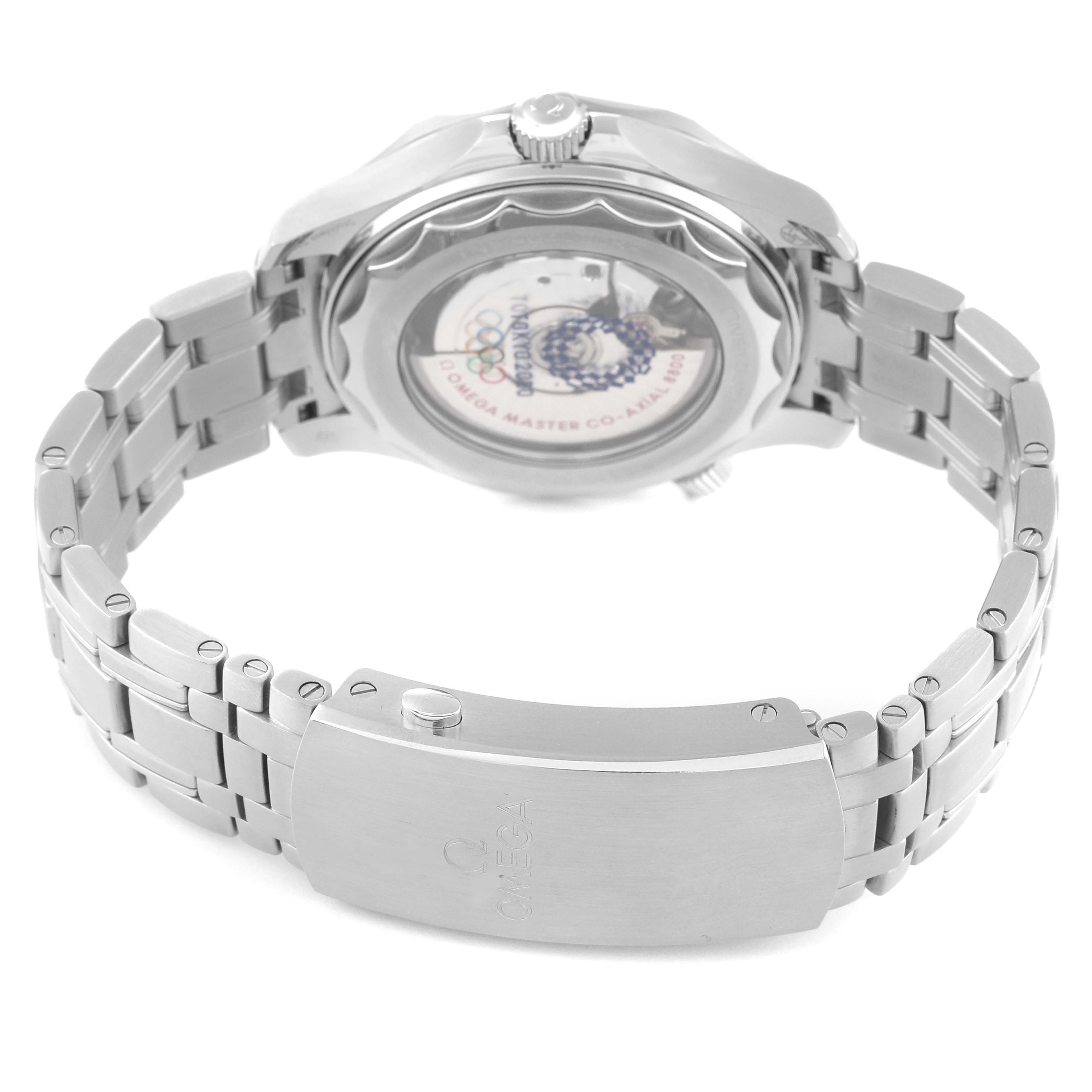 The image shows the back view of an Omega Seamaster 522.30.42.20.04.001 Men's Stainless Steel White Dial 522.30.42.20.04.001 Men's Stainless Steel White Dial watch, highlighting its bracelet, clasp, and transparent case back.