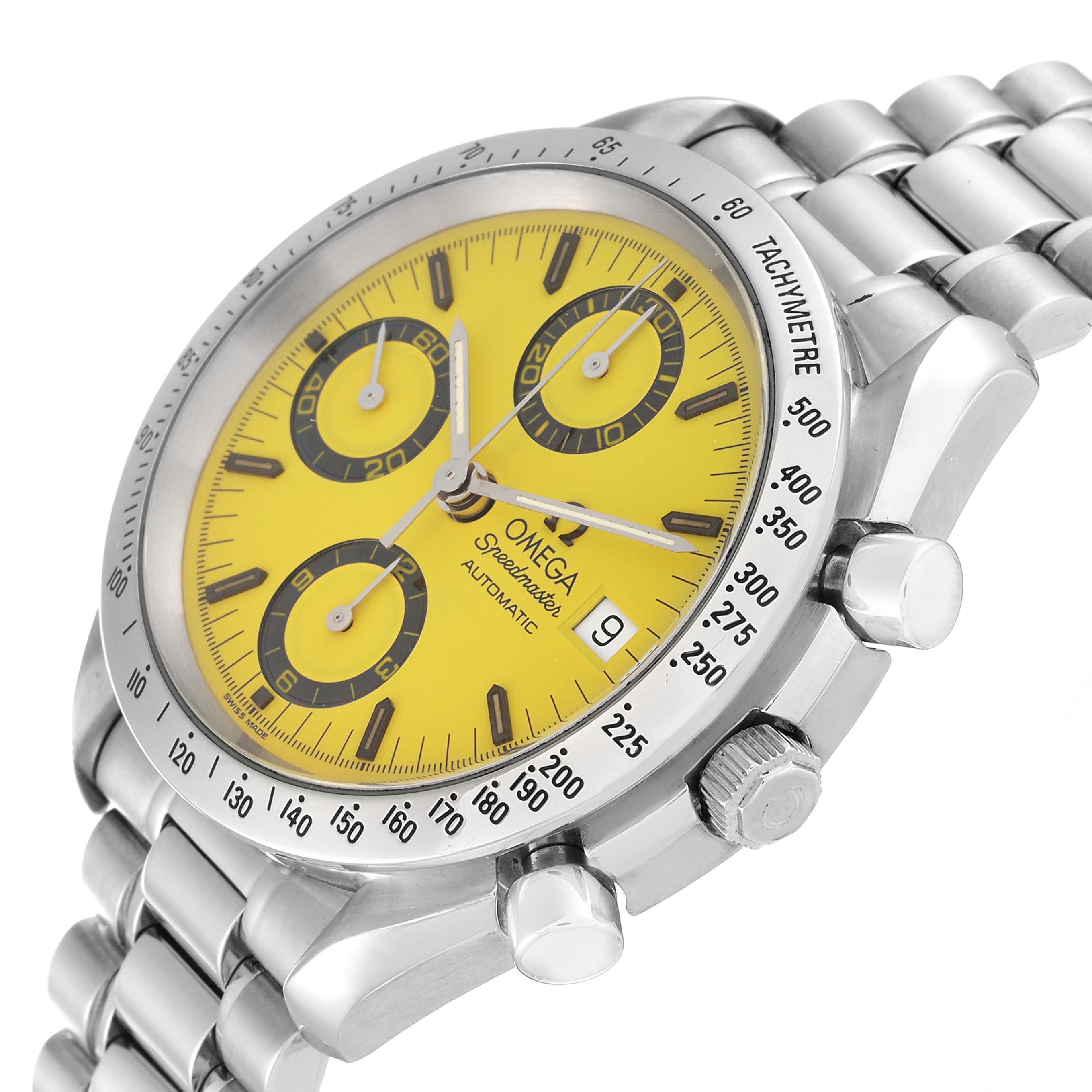 This image shows an Omega Speedmaster 3511.12.00 Men's Stainless Steel Yellow Dial 3511.12.00 Men's Stainless Steel Yellow Dial watch from a slight side angle, featuring its yellow dial, chronograph subdials, and stainless steel bracelet.