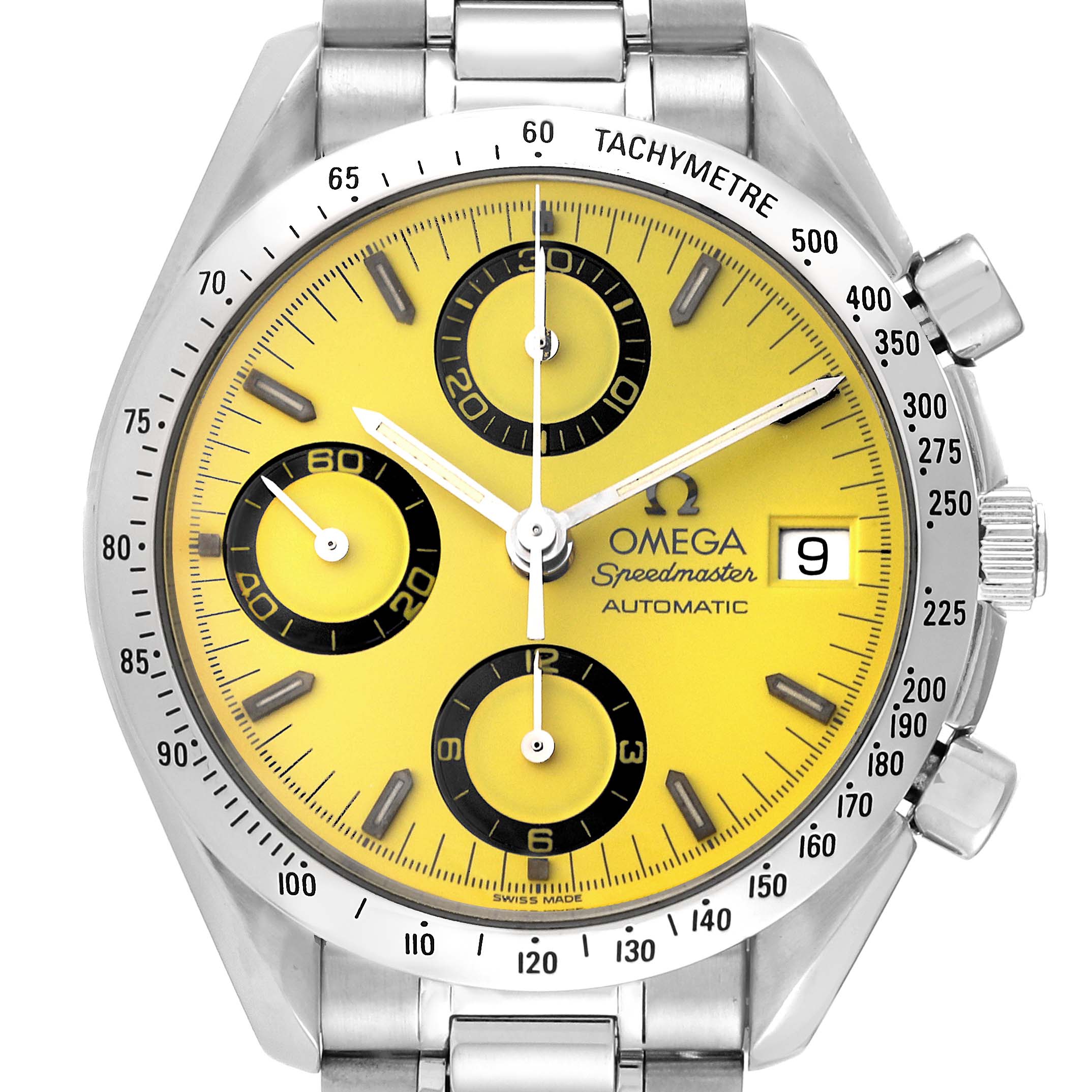 The image shows a front view of an Omega Speedmaster 3511.12.00 Men's Stainless Steel Yellow Dial 3511.12.00 Men's Stainless Steel Yellow Dial watch highlighting its yellow dial, subdials, and tachymeter scale.