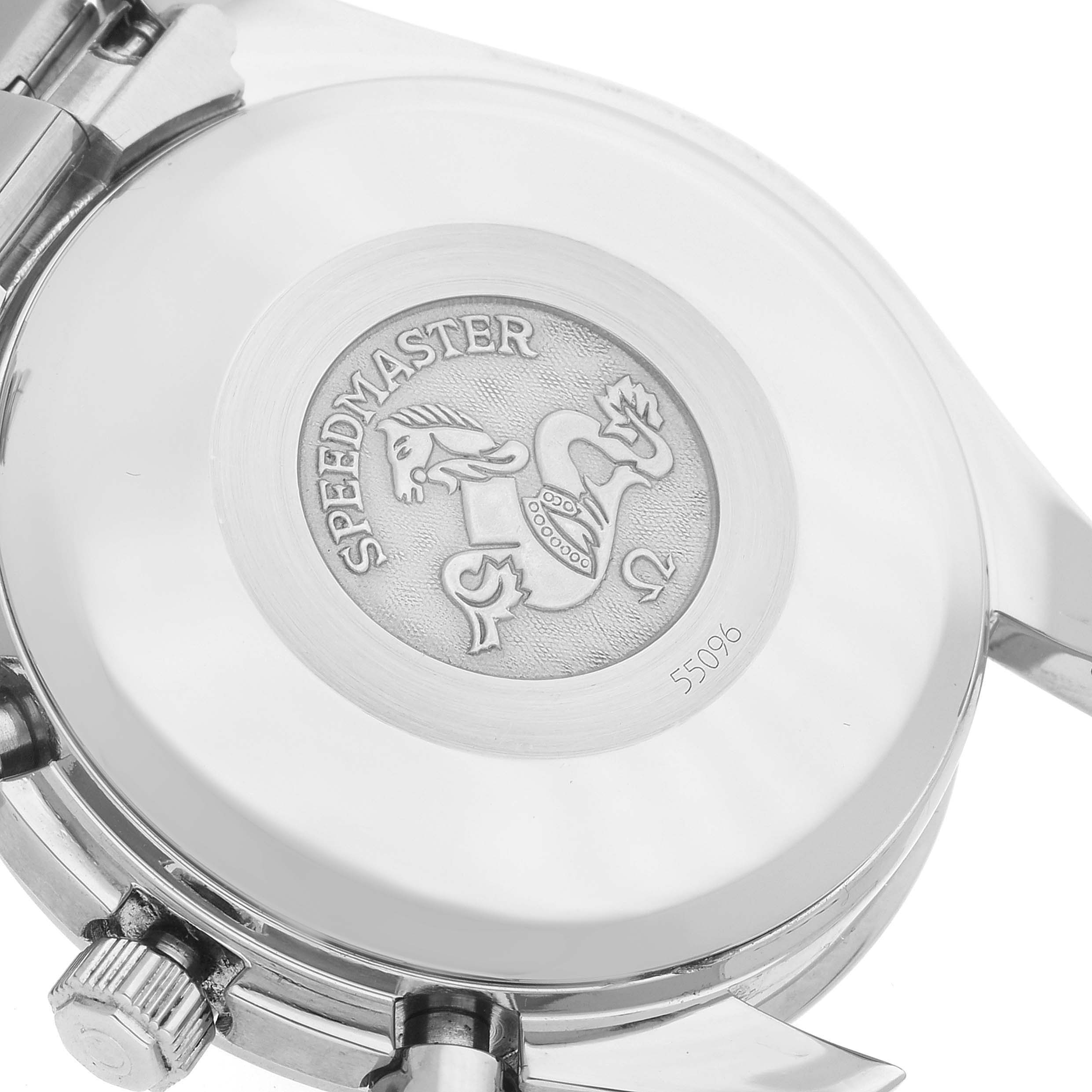 The image shows the case back and side controls of an Omega Speedmaster 3511.12.00 Men's Stainless Steel Yellow Dial 3511.12.00 Men's Stainless Steel Yellow Dial watch.