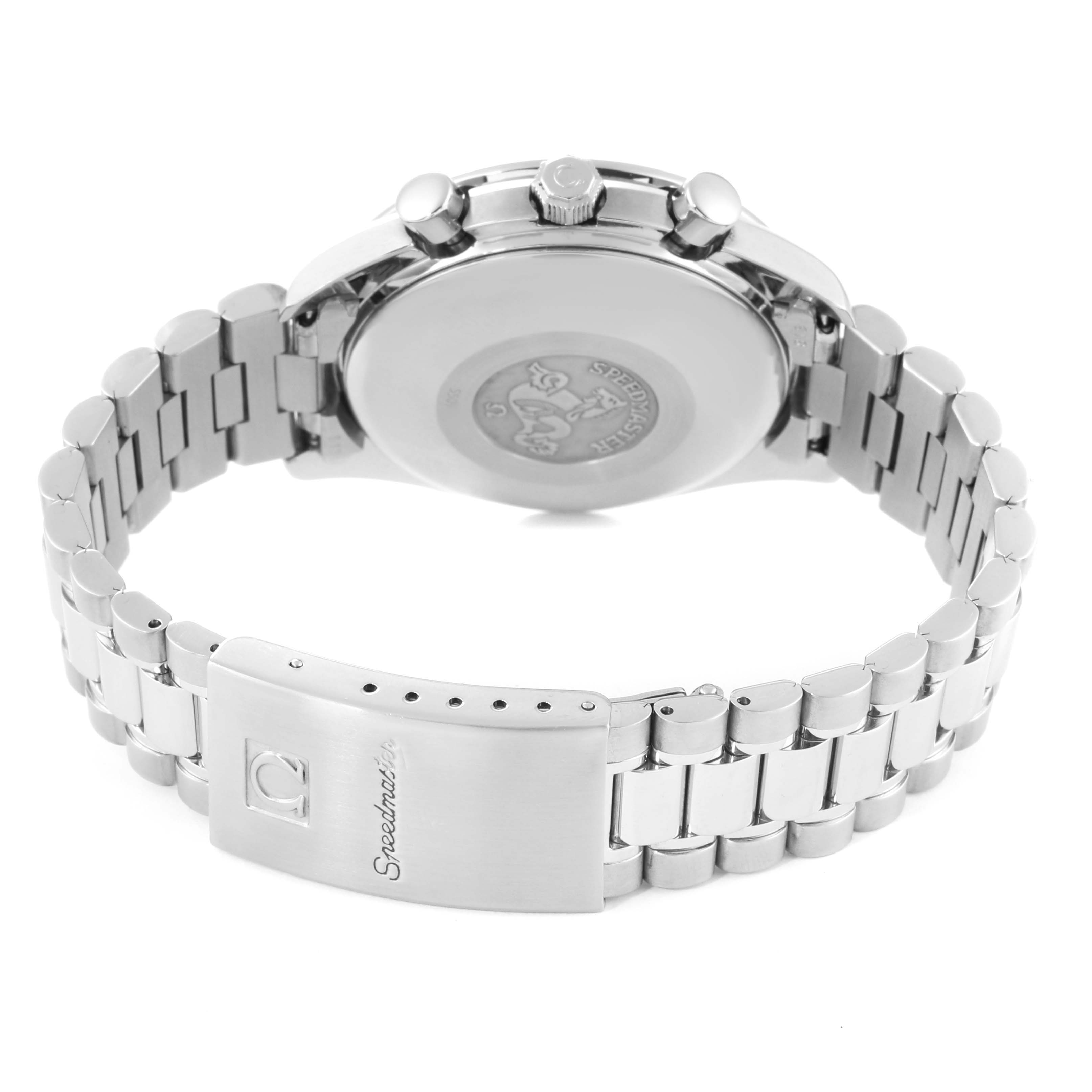 The image shows the back view of an Omega Speedmaster 3511.12.00 Men's Stainless Steel Yellow Dial 3511.12.00 Men's Stainless Steel Yellow Dial watch, highlighting its case back, crown, pushers, and metal bracelet.