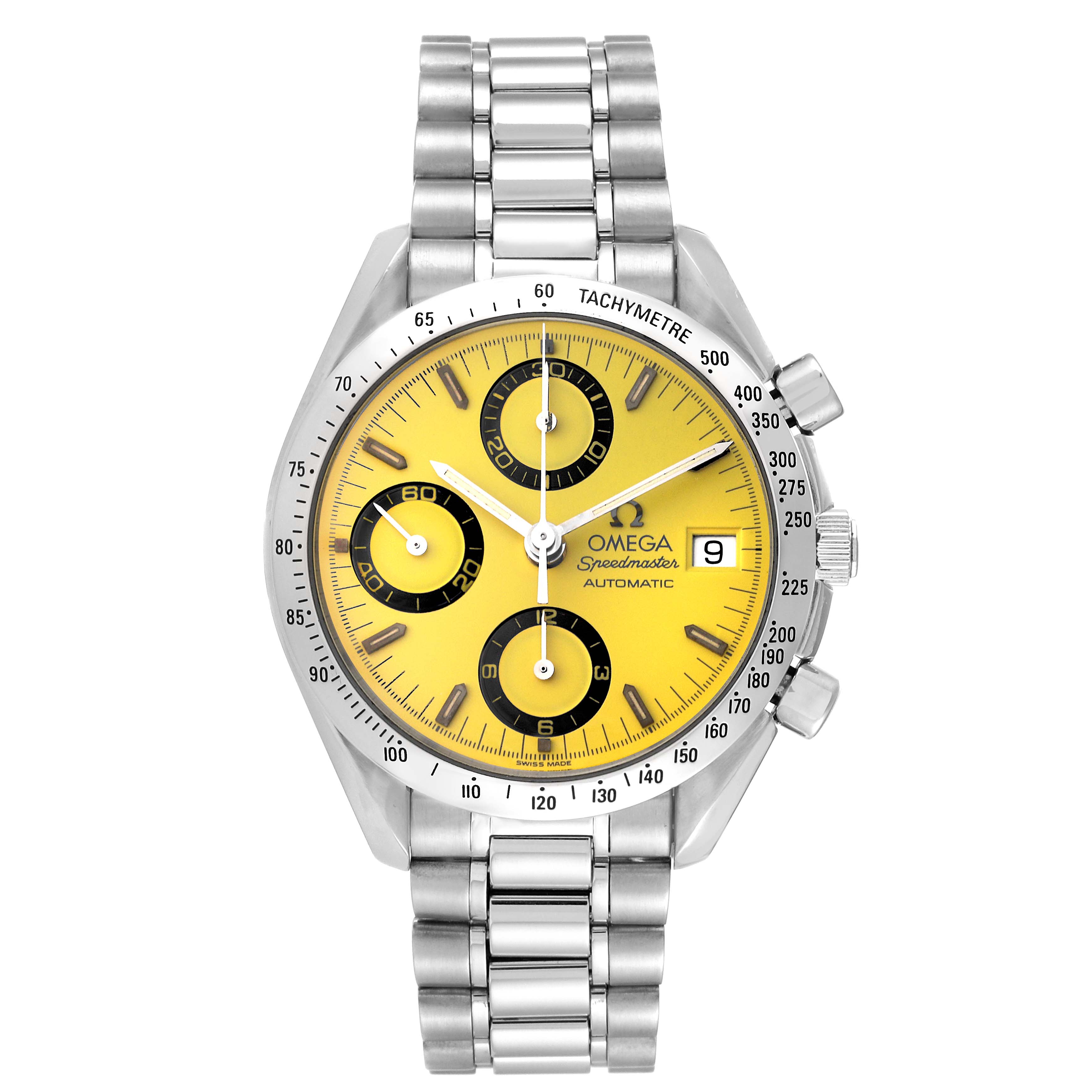 The image shows a front view of the Omega Speedmaster 3511.12.00 Men's Stainless Steel Yellow Dial 3511.12.00 Men's Stainless Steel Yellow Dial watch with a yellow dial, subdials, and a metal bracelet.