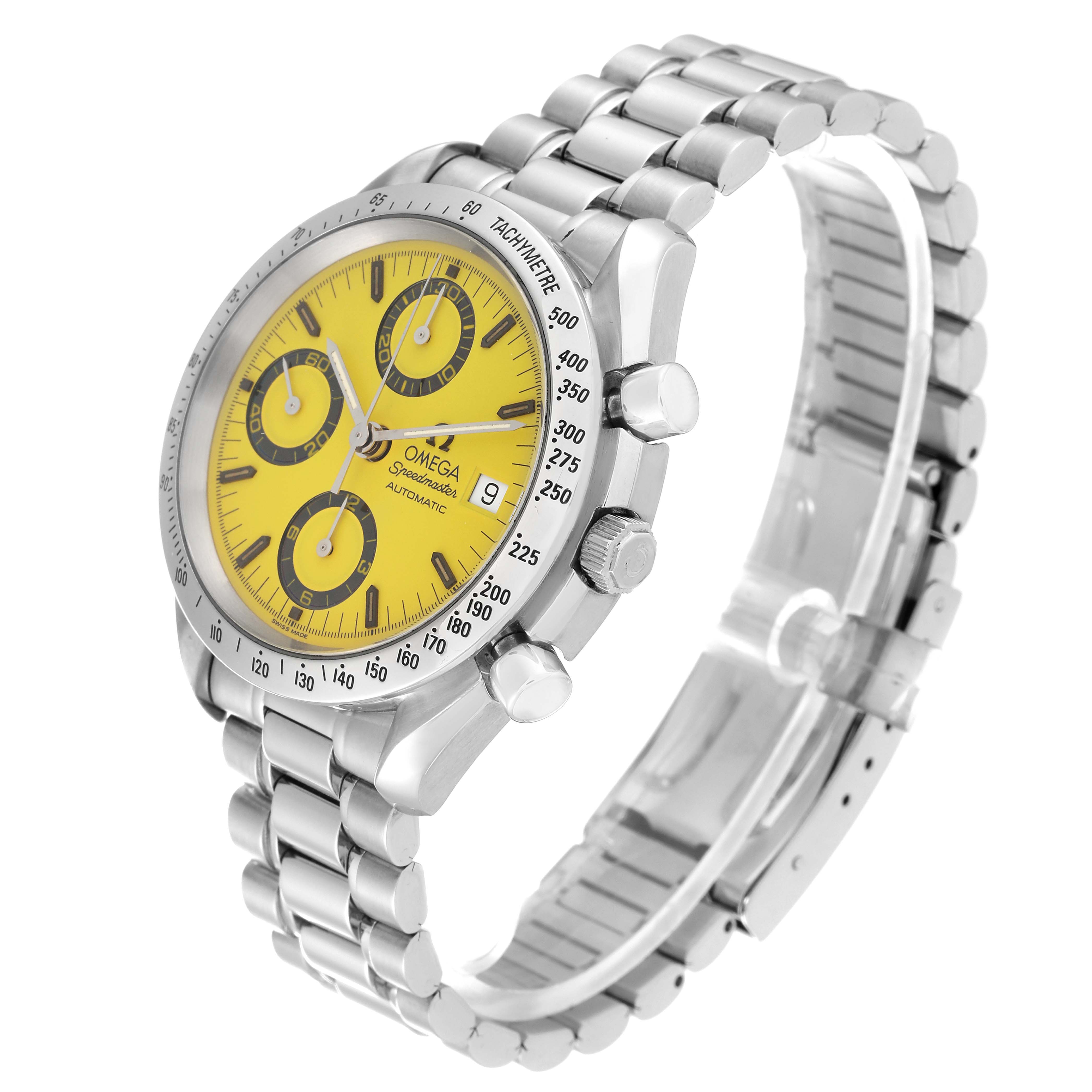 The image shows an Omega Speedmaster 3511.12.00 Men's Stainless Steel Yellow Dial 3511.12.00 Men's Stainless Steel Yellow Dial watch at an angle, highlighting its face, bezel, crown, and bracelet.