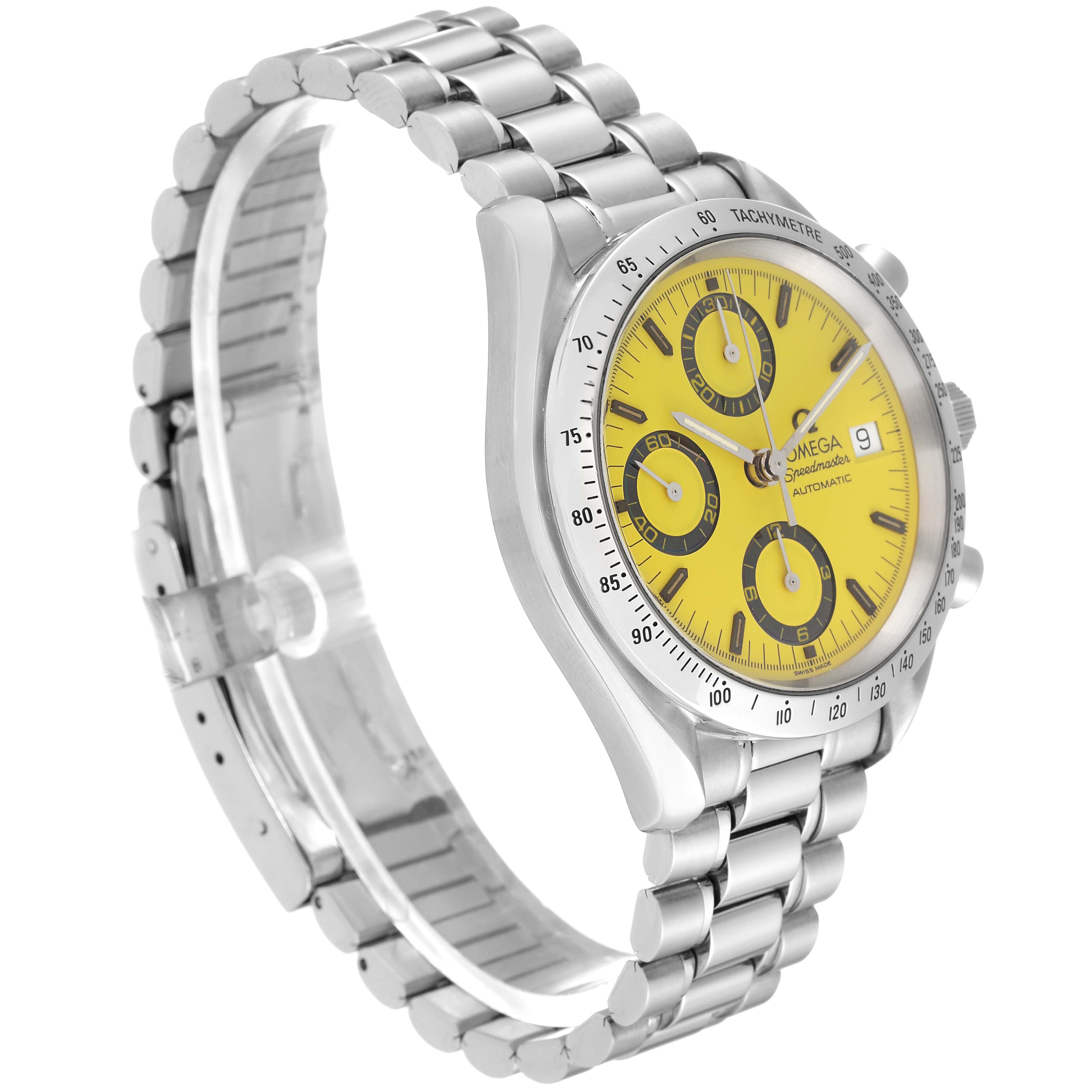 The image shows a side angle of the Omega Speedmaster 3511.12.00 Men's Stainless Steel Yellow Dial 3511.12.00 Men's Stainless Steel Yellow Dial watch, highlighting its metal bracelet, yellow dial, and chronograph features.