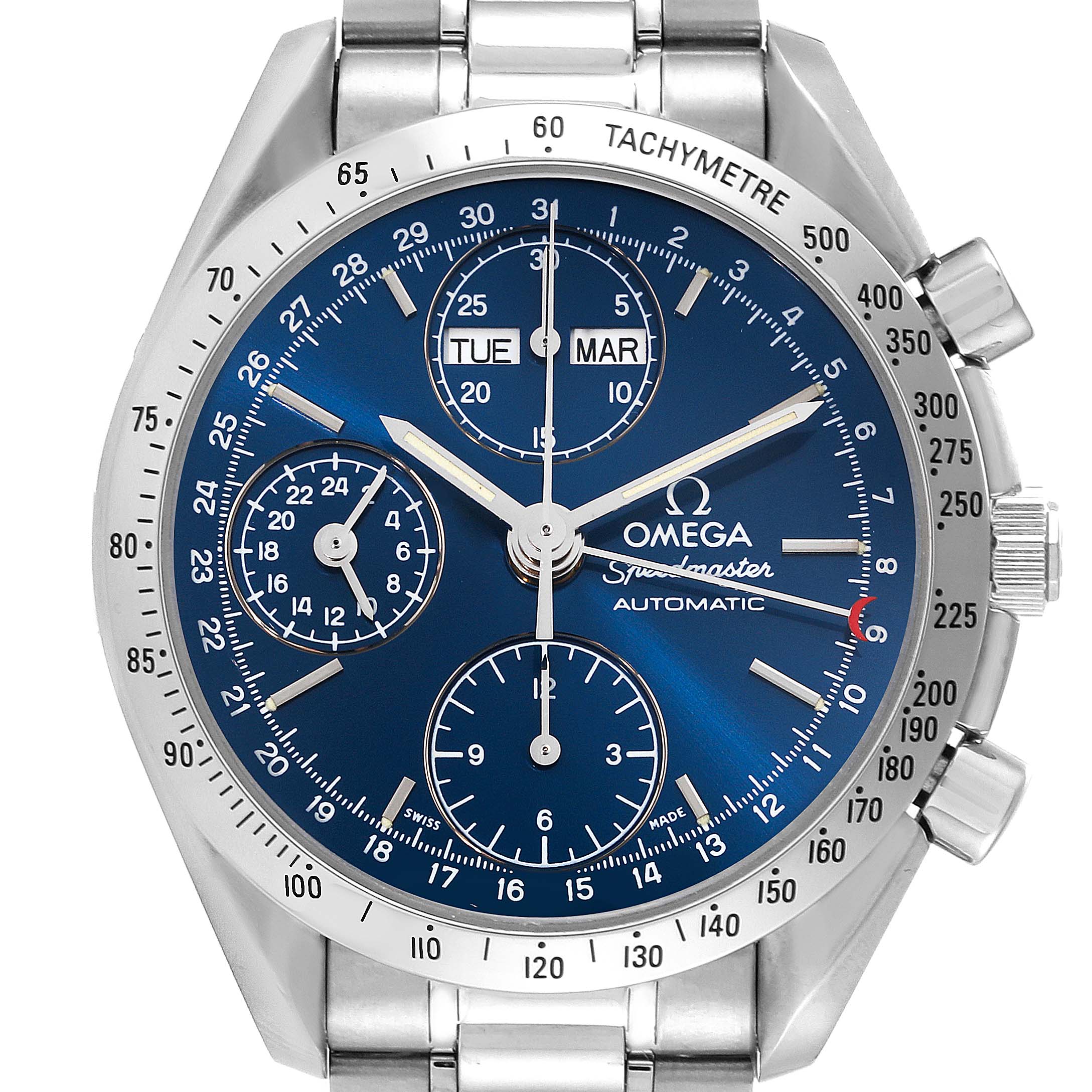 The Omega Speedmaster 3521.80.00 Men
s Stainless Steel Blue Dial 3521.80.00 Men
s Stainless Steel Blue Dial watch is shown from a top-down angle, displaying the dial, subdials, and tachymeter bezel.