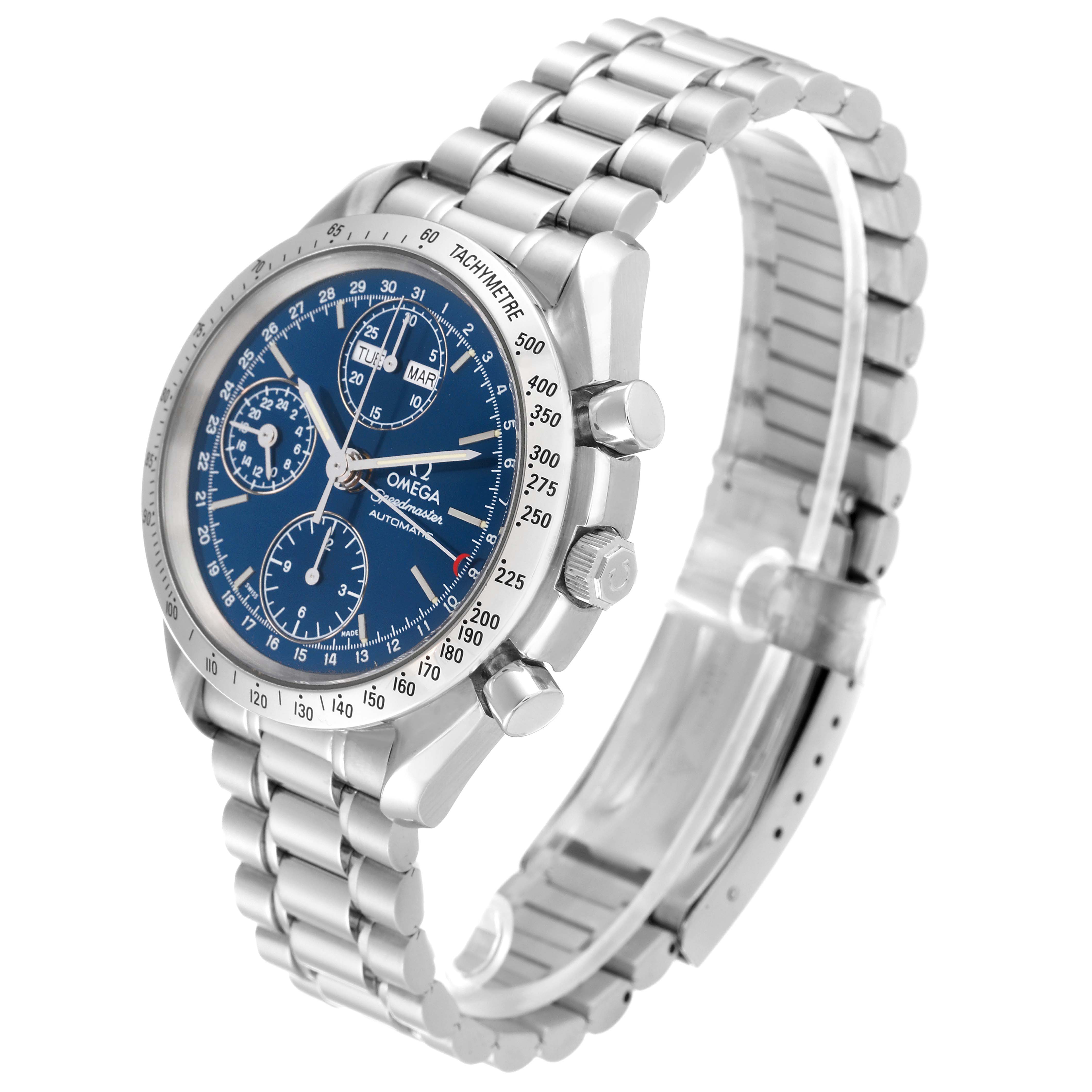 The Omega Speedmaster 3521.80.00 Men
s Stainless Steel Blue Dial 3521.80.00 Men
s Stainless Steel Blue Dial watch is shown at an oblique angle, displaying its face, dials, crown, and stainless steel bracelet.